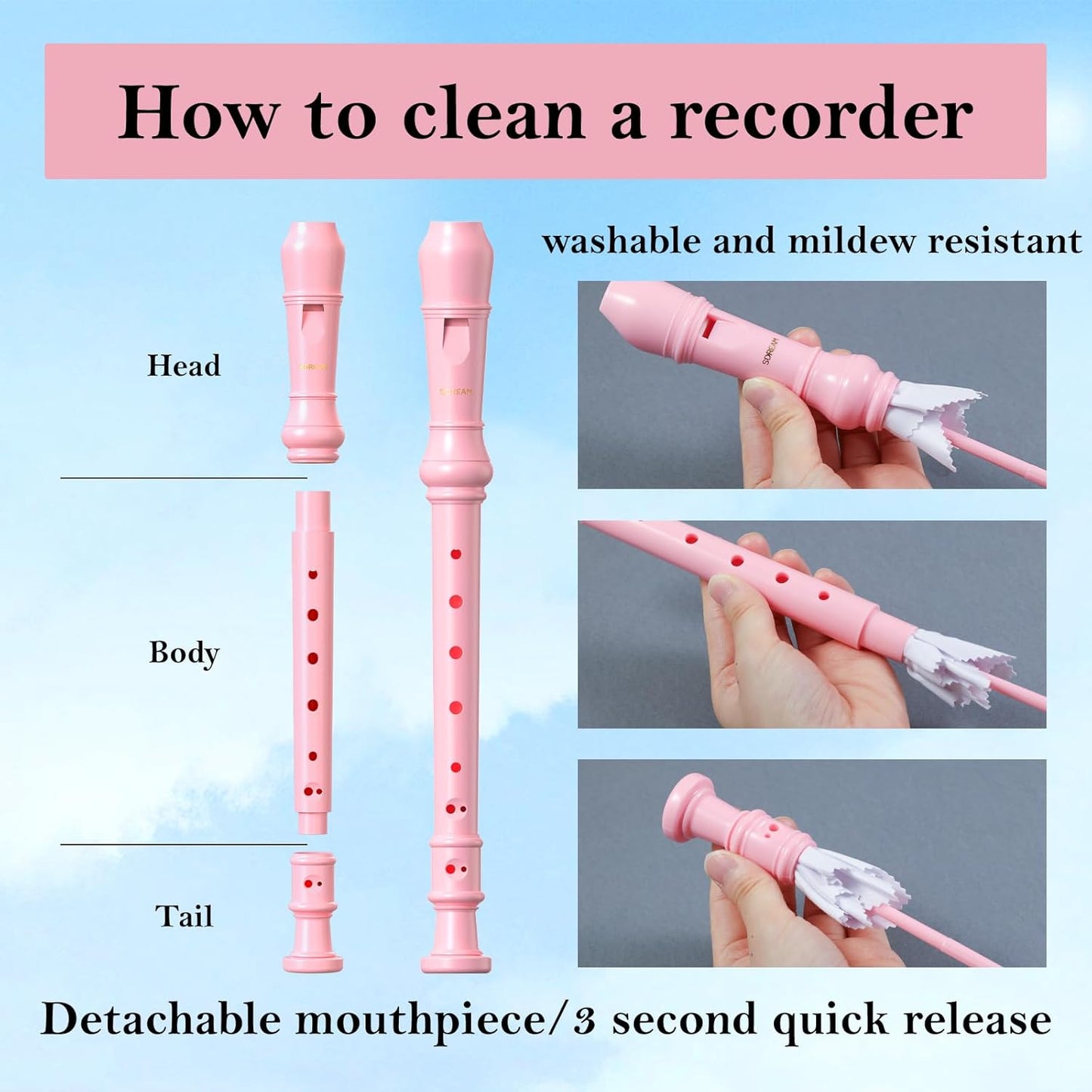SDREAM Soprano Recorder Instrument for Kids and Adults - Beginner 8 Hole German Fingering Recorder Flute With Cleaning Rod, Packing Bag and Sheet Music (Pink)