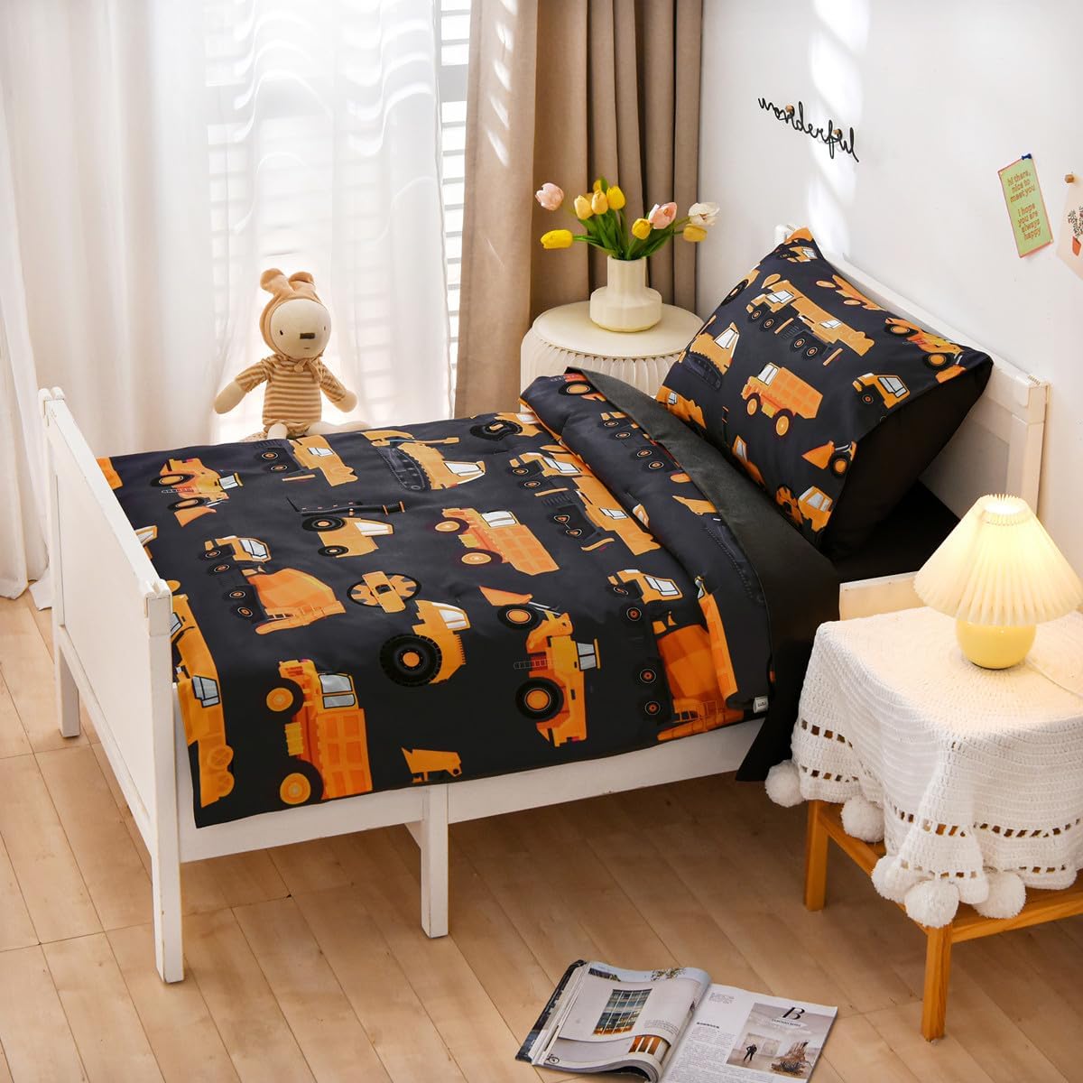 NTBED 4 Pieces Construction Toddler Bedding Set for Baby Boys, Truck Vehicles Excavator Cars Printed, Includes Comforter, Flat Sheet, Fitted Sheet and Pillowcase,Black