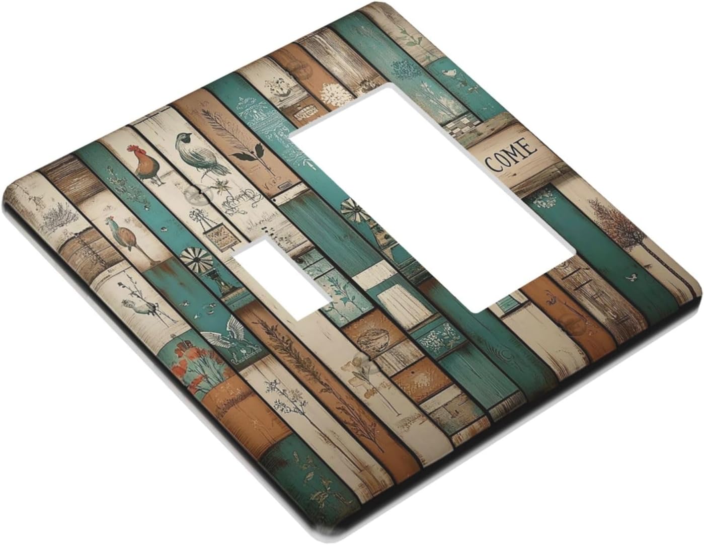 Outlet Covers Vintage Wood Brown Turquoise Splicing 1 Toggle 1 Rocker Combination Decorative Wall Plate Electrical Switch Plates Light Switch Cover Plate For Farmhouse Cabin Decor
