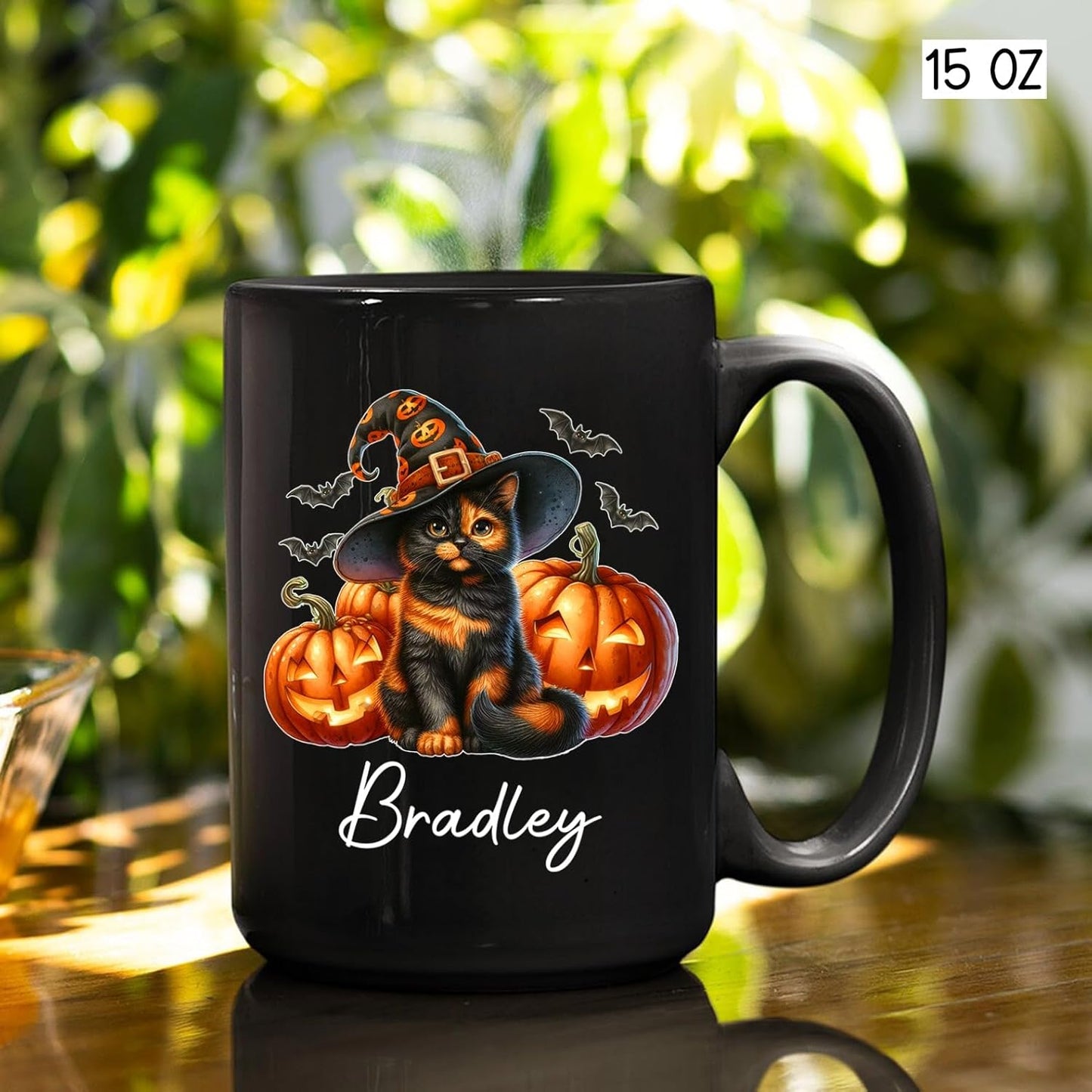Personalized Tortoiseshell Pumpkins Black Ceramic Cup, Halloween Tortoiseshell Coffee Mug Gift for Cat Lover, Customized Pet's Name Cup 11oz 15oz, Spooky Halloween Cat Mug, Pet Lover Present