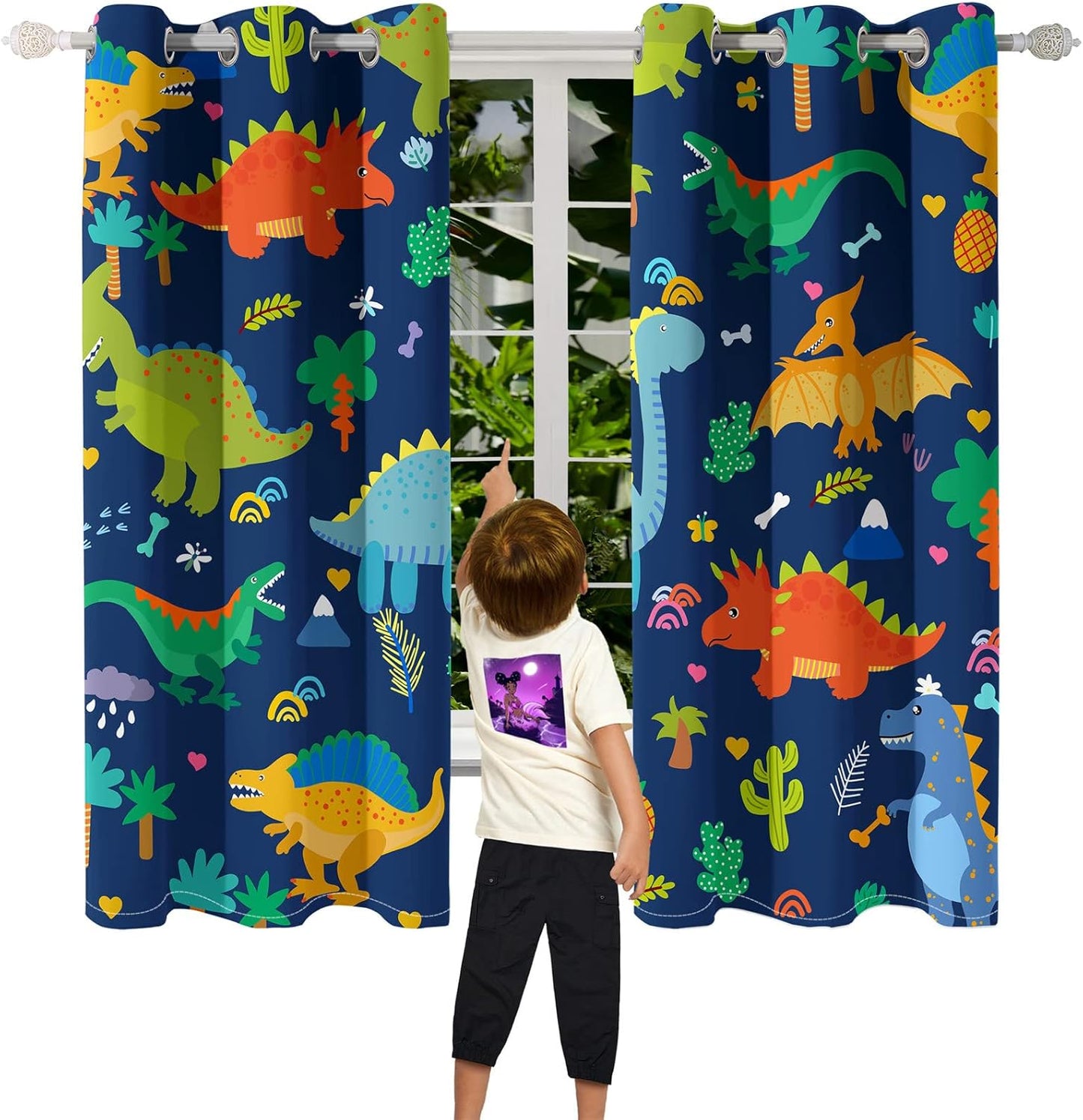 Dinosaur Blackout Curtains 2 Panels 63" Inch Drapes Boys Curtains for Bedroom Cute Dinosaur Themed Grommet Top Thermal Insulated Boys Room Curtains for Nursery, Navy Blue, 82" x 63"