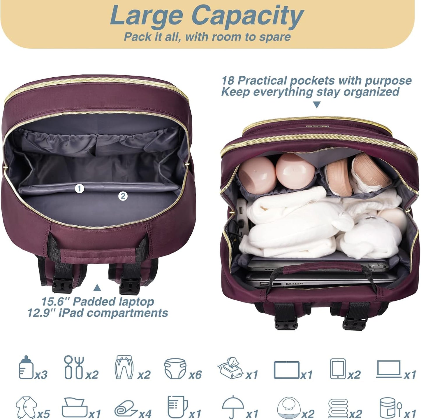 MOMUVO Diaper Bag Backpack, Quilted Baby Bag with Changing Pad & Stroller Straps & Pacifier Case, Large Travel Diaper Bags for Mom Dad, Dark Purple