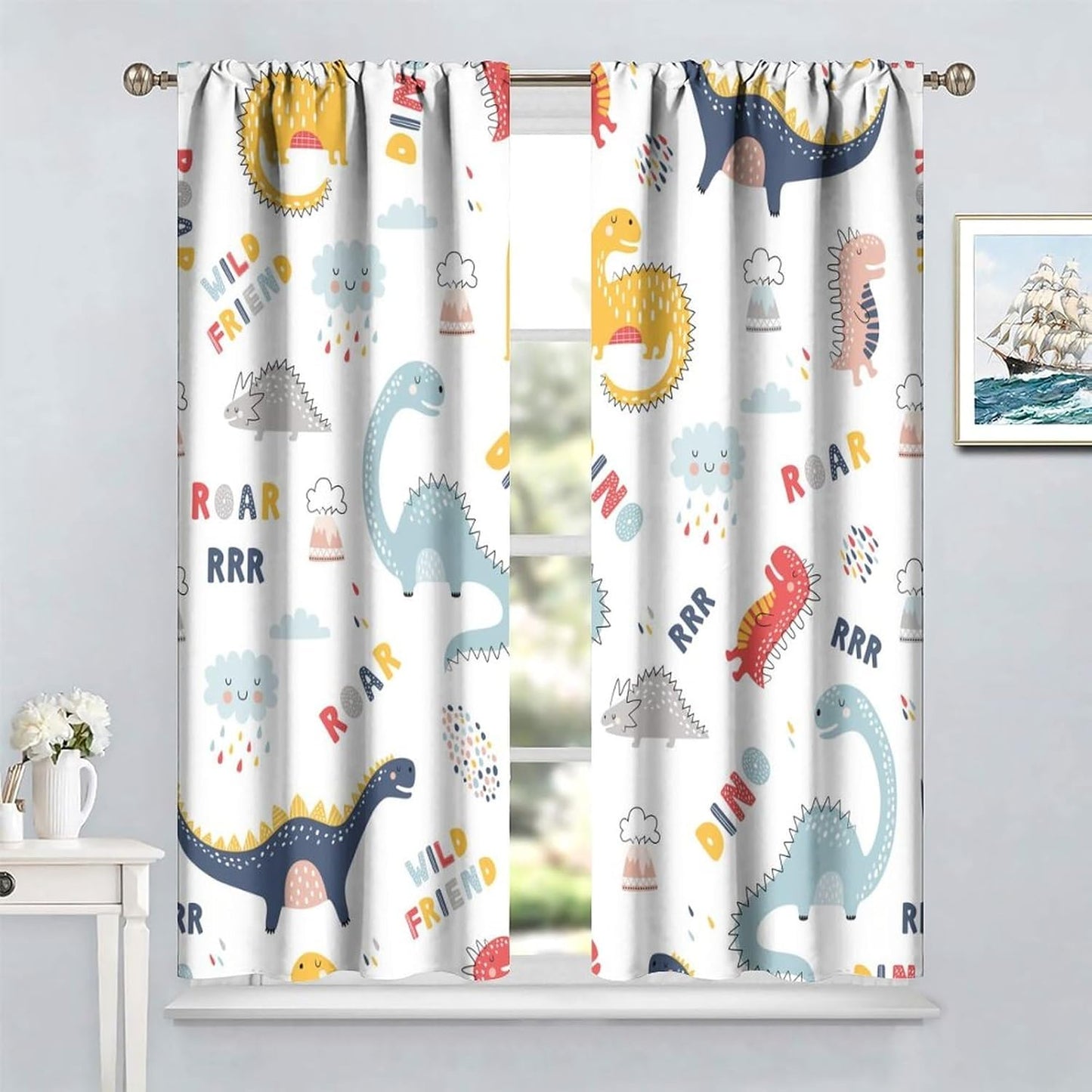 Cartoon Dinosaur Curtains for Kids Boys Girls Home Decor Colorful Cute Dino Animals Print Pattern Rod Pocket Blackout Window Drapes for Nursery Baby Bedroom Playroom W42xL84in 2 Panels