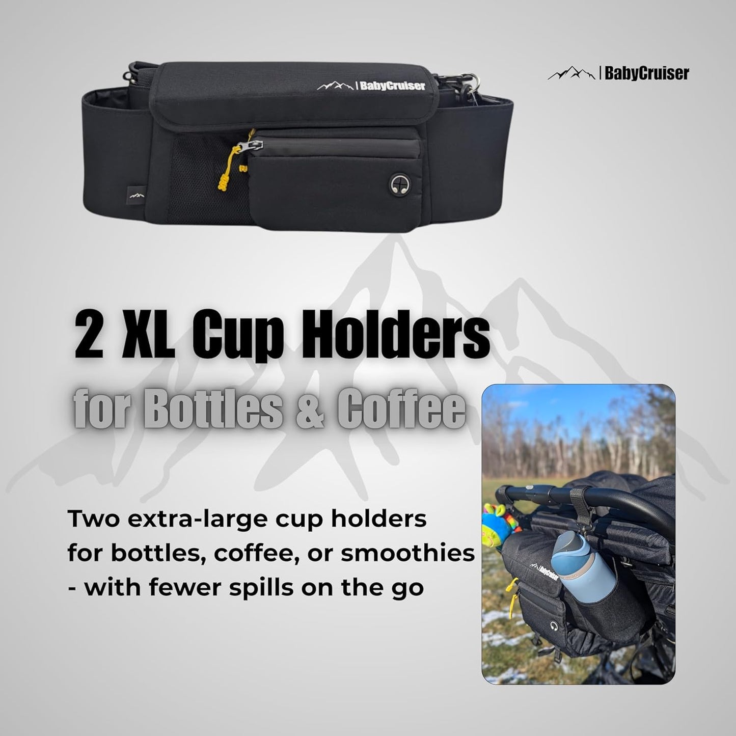 Stroller Caddy Double Stroller Organizer with Cup Holder Phone Pocket Changing Mat Straps Mounted 2 x Stroller Water Bottle Holder