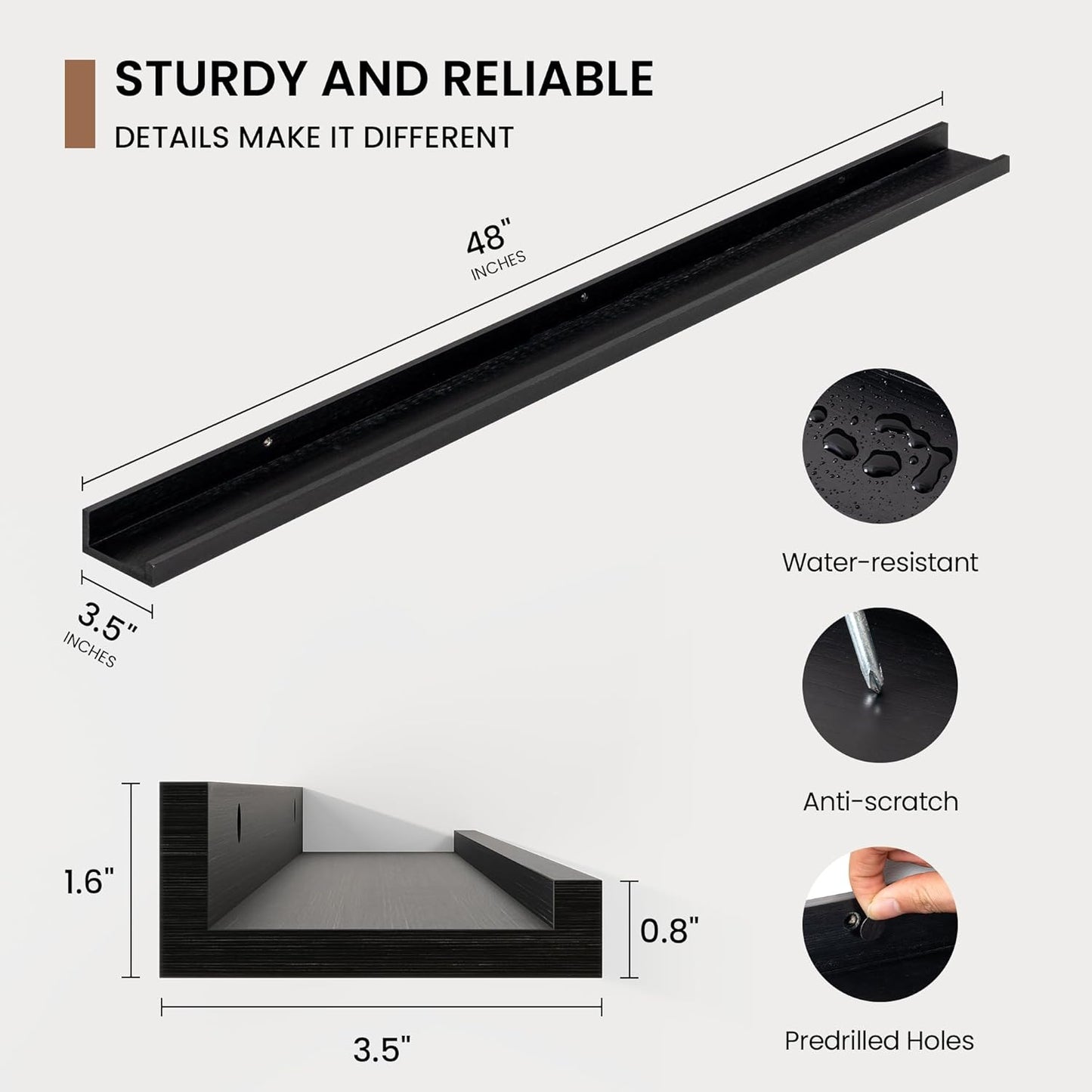 Picture Ledge Shelf, Solid Pine Wood Floating Shelves Set of 2, 48 Inches Nursery Book Shelves for Toys Storage, Kids Bookshelf Wall Mounted for Living Room Bedroom Decor Books Photo Frames, Black