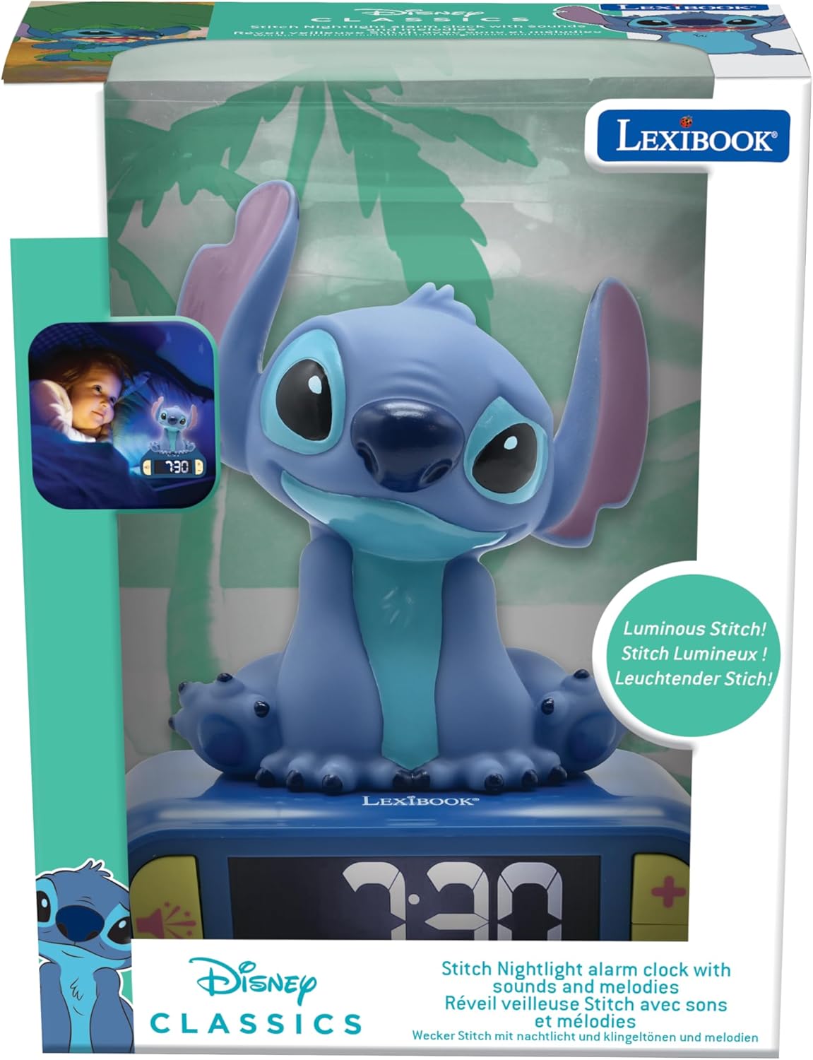 LEXiBOOK, Disney Stitch, Stitch Nightlight Alarm Clock, Sounds and Melodies, LCD Backlit Screen, Luminous, Snooze, Blue, RL800D