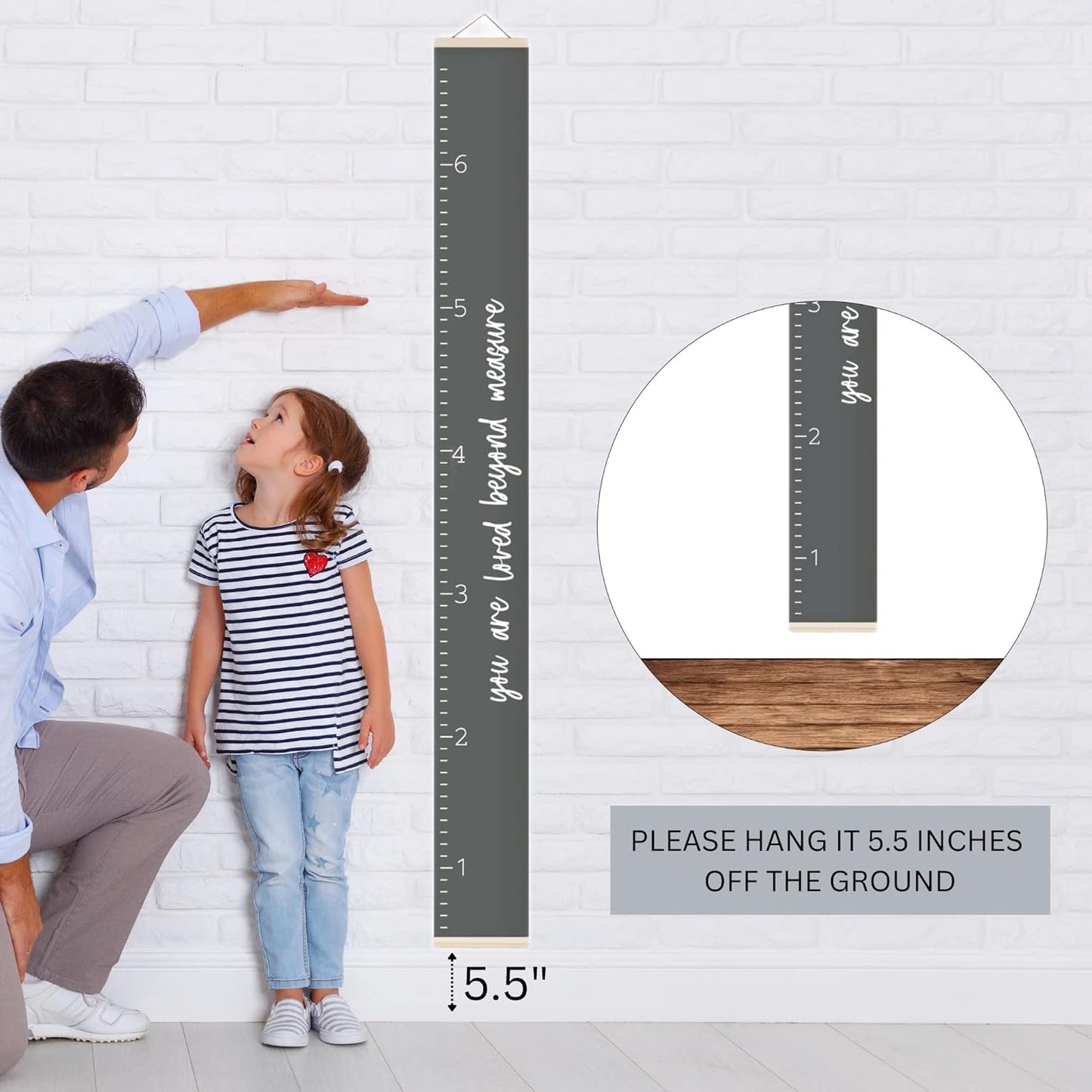 Morxy Canvas Growth Chart for Kids - Unisex Kids Room Wall Decor - Measuring Height Chart- Wall Tape with Height Chart for Kids (Canvas, Loved Beyond Measure Dark Gray)