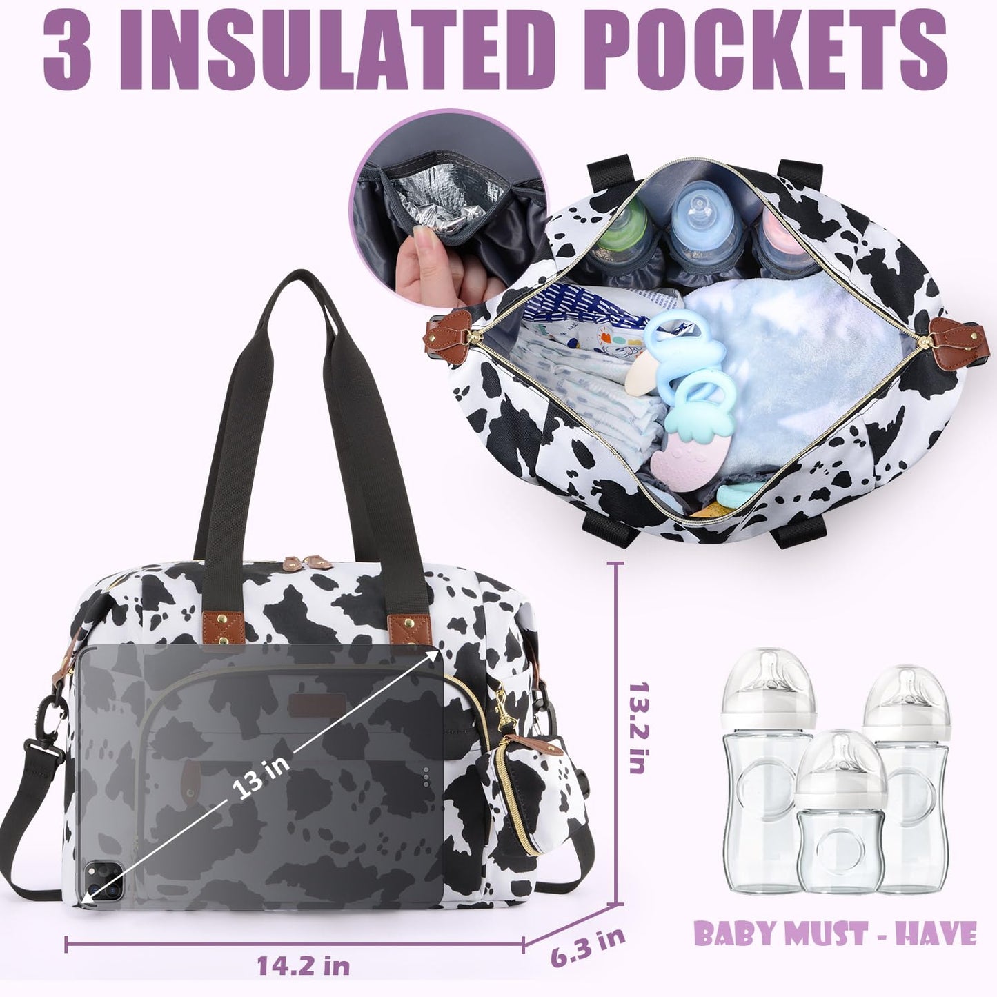 Tuwubi Diaper Bag Tote,Baby Diaper Bag with Pacifier Case Large Travel Diaper Tote Caddy for Mom and Dad Multifunction Large Baby Bag - M-Cow Print