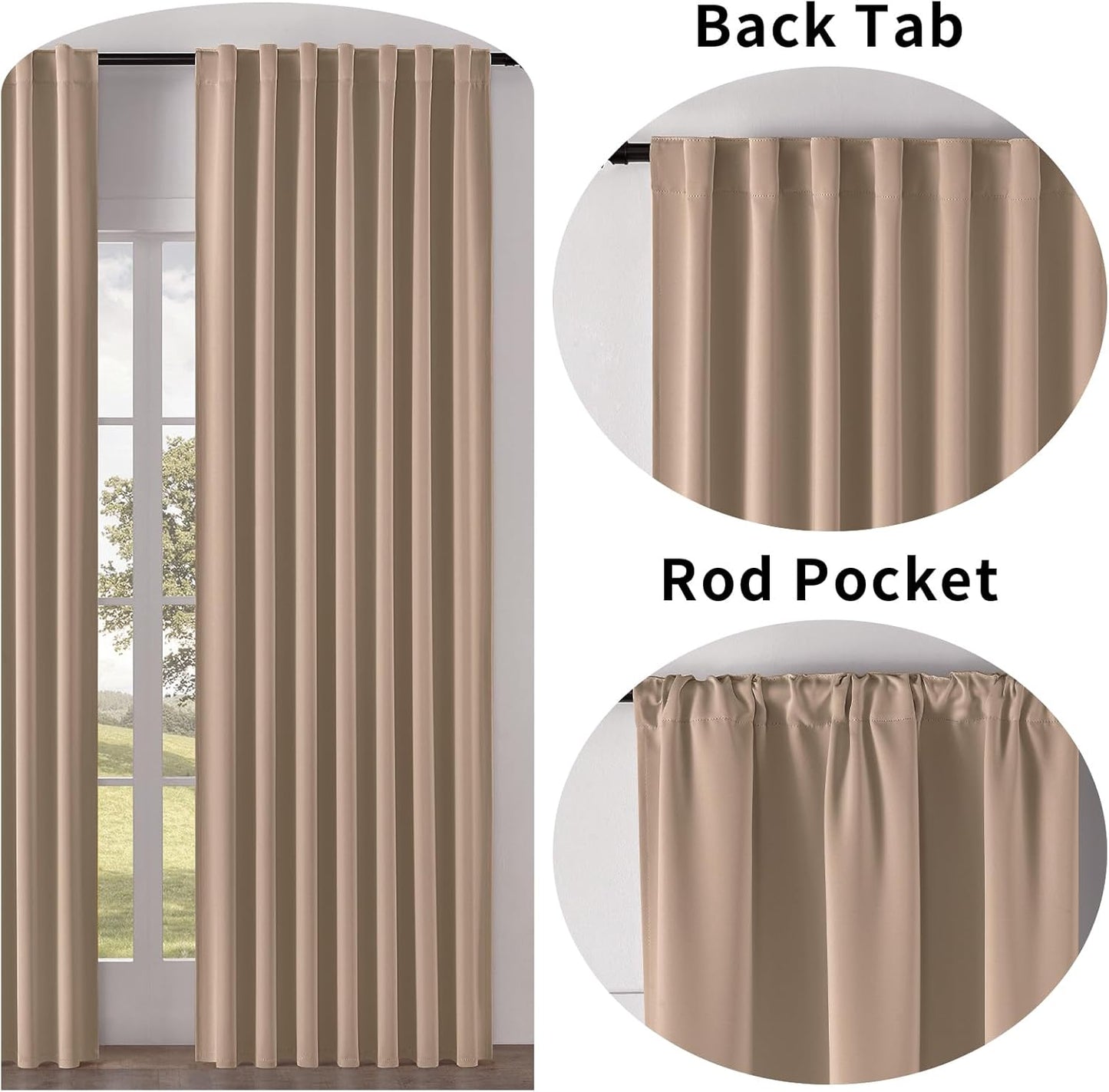 Joydeco 90 Inch Curtains for Bedroom, Blackout Curtains 90 Inches Long, Room Darkening Drapes for Living Room Window Rod Pocket Back Tab (W52 x L90 Inch, Khaki)