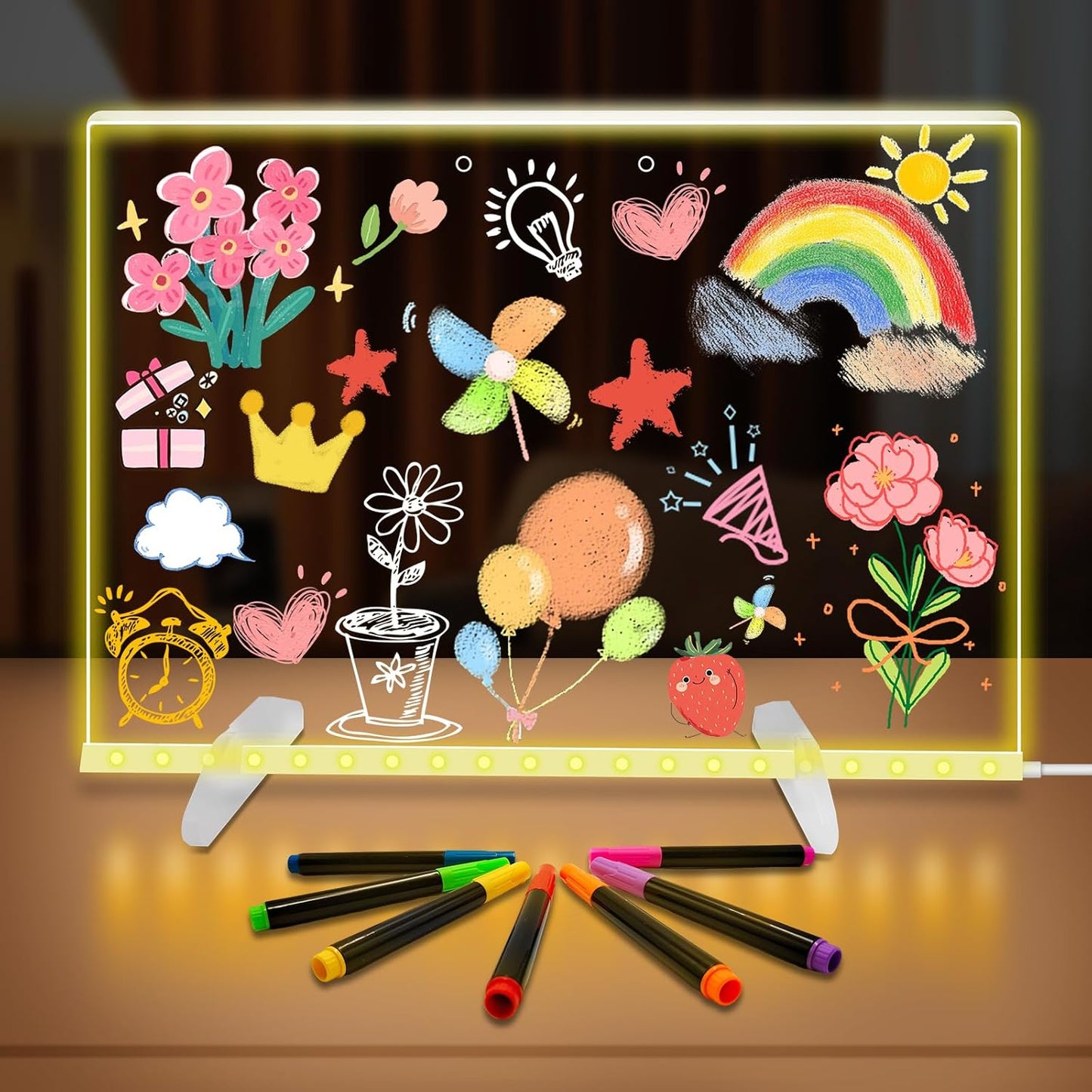 LED Note Board with Colors, 13.8"X10" 4 Modes & 7 Colors Led Acrylic Message Board with Light, Light up Acrylic Dry Erase Board, Led Drawing Board with Stand, Hanging Chain, 7 Markers, Spray Bottle