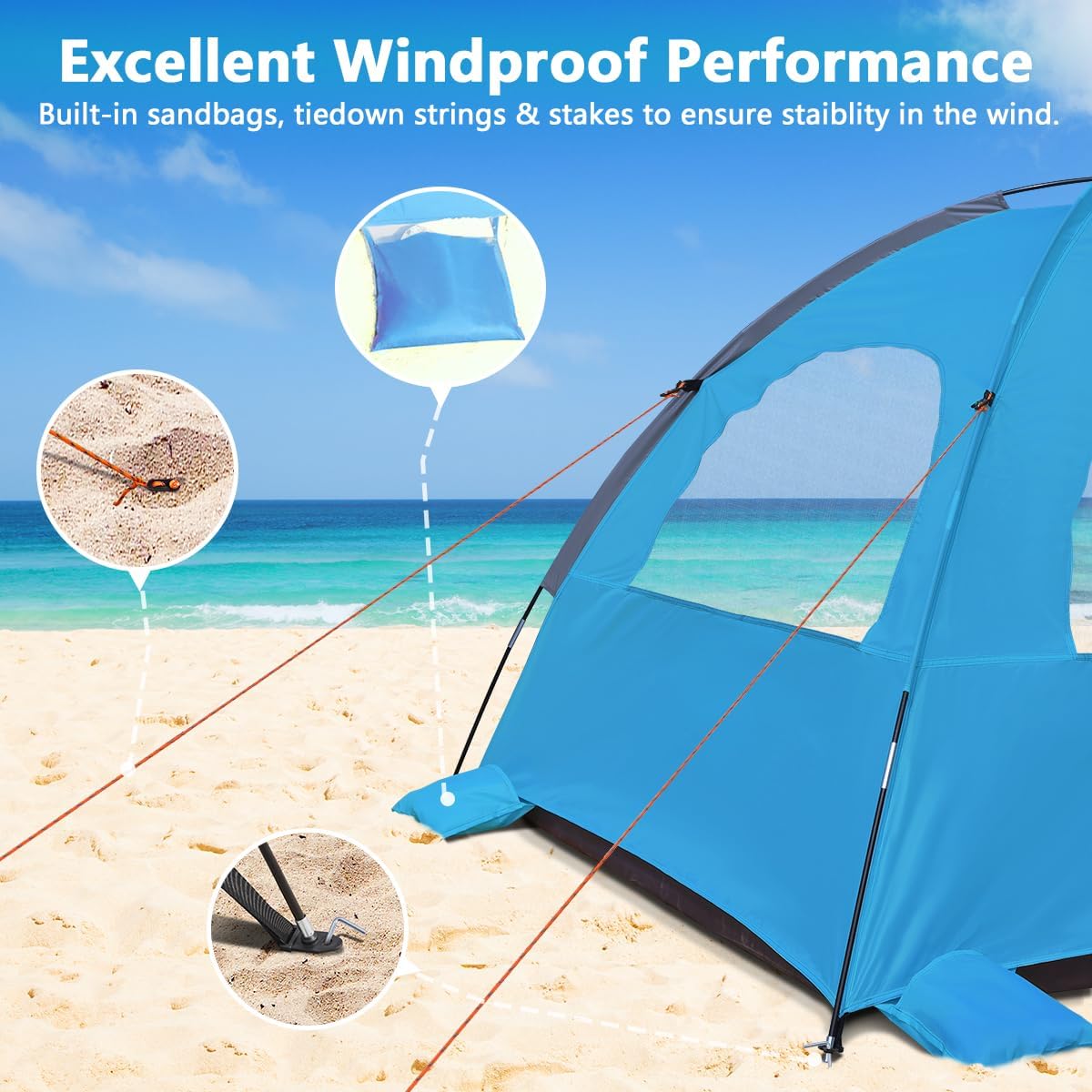 NXONE Beach Tent Sun Shade Shelter for 3/4/6 Person Person with UV Protection, Extended Floor, 3 Mesh Roll Up Windows & 8.0/8.5mm Fiberglass Rods丨Carry Bag Included