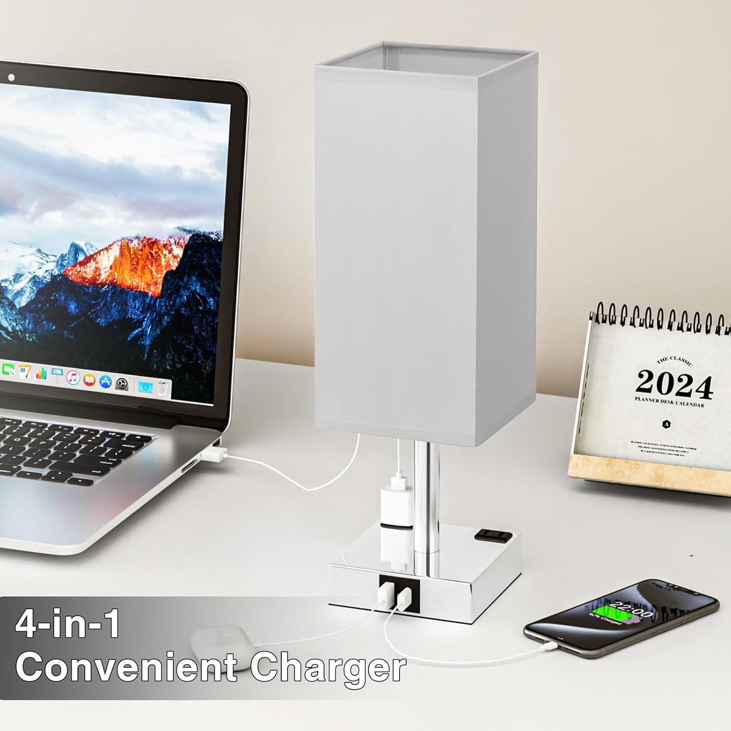 Touch Bedside Table Lamp Set of 2-3-Way Dimmable Night Lamp with USB A + Type C Charging Ports and Two AC Outlets, Small Desk Light with E26 LED Bulb for Bedroom Living Room Dorm Office