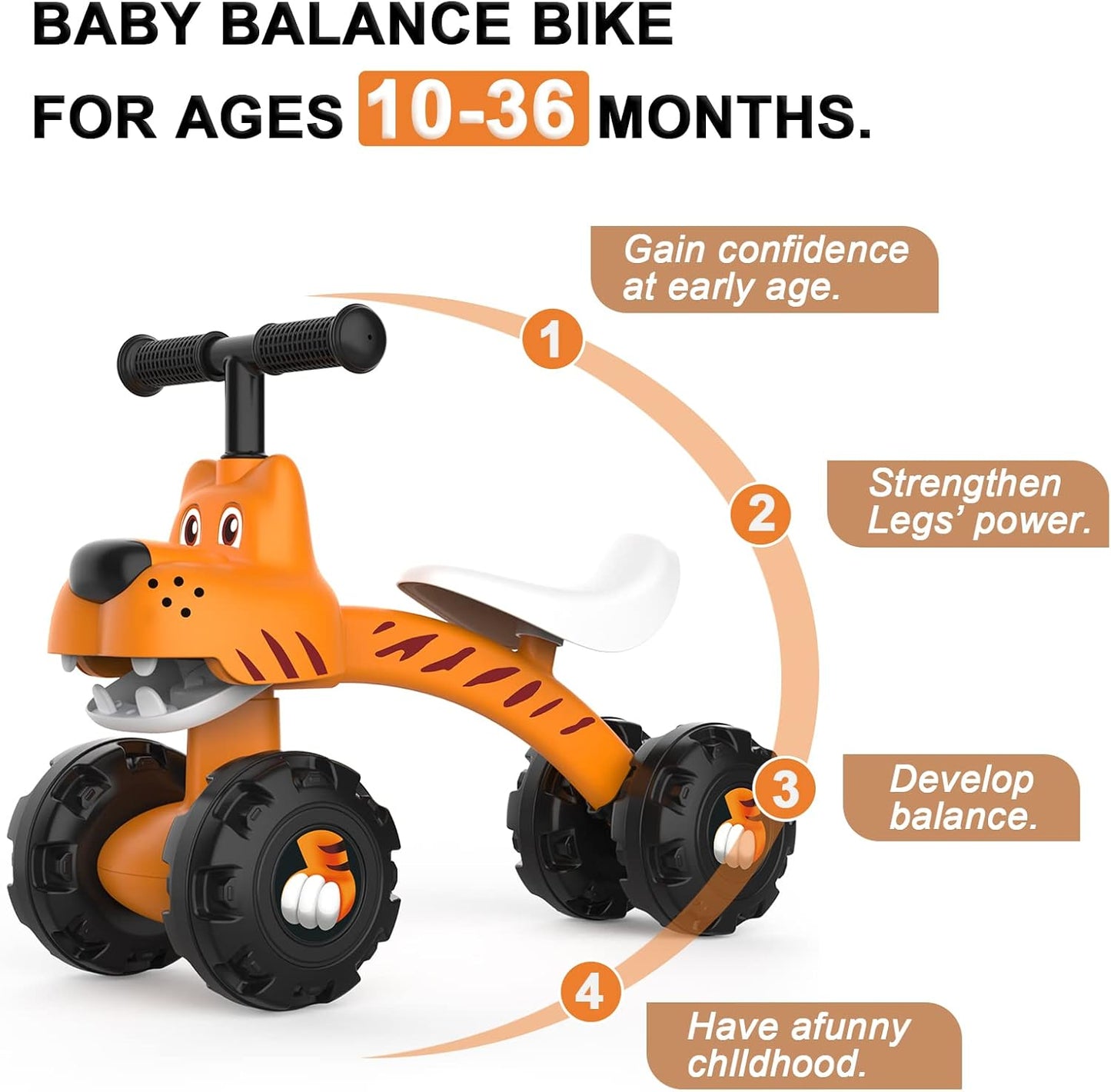 YGJT Baby Balance Bike for 1 Year Old Boy and Girl, Indoor Outdoor Non-Pedal Baby Walker Toys for 10-36 Months Toddlers, Silent Wheels, 1st Birthday Gift, Kids First Bike Tiger