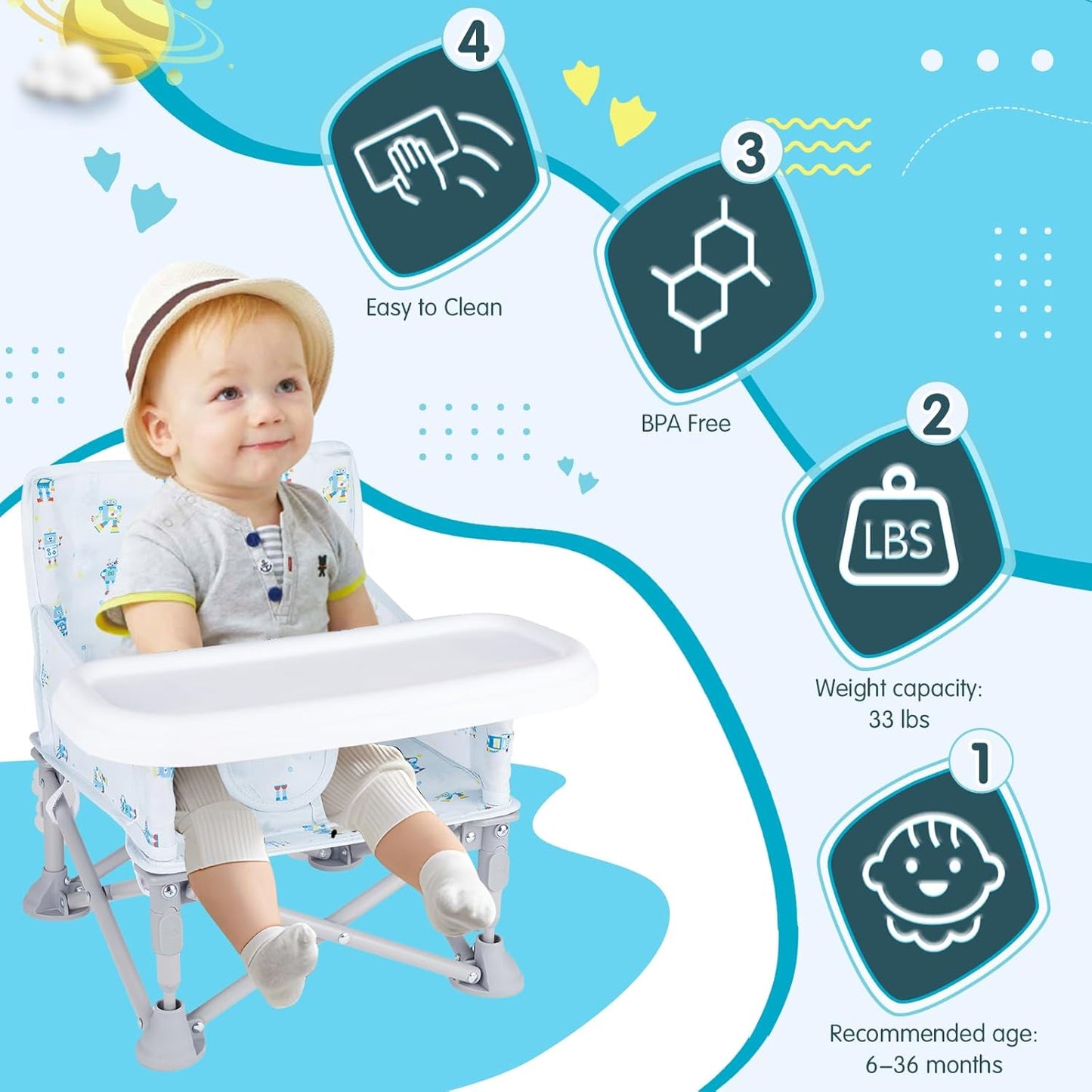 Portable Baby Booster Seat with Tray, Toddler Booster seat for Dining, Camping, Travel, Baby Beach Chair 6 Months to 3 Years Old Indoor Outdoor Use CH2405