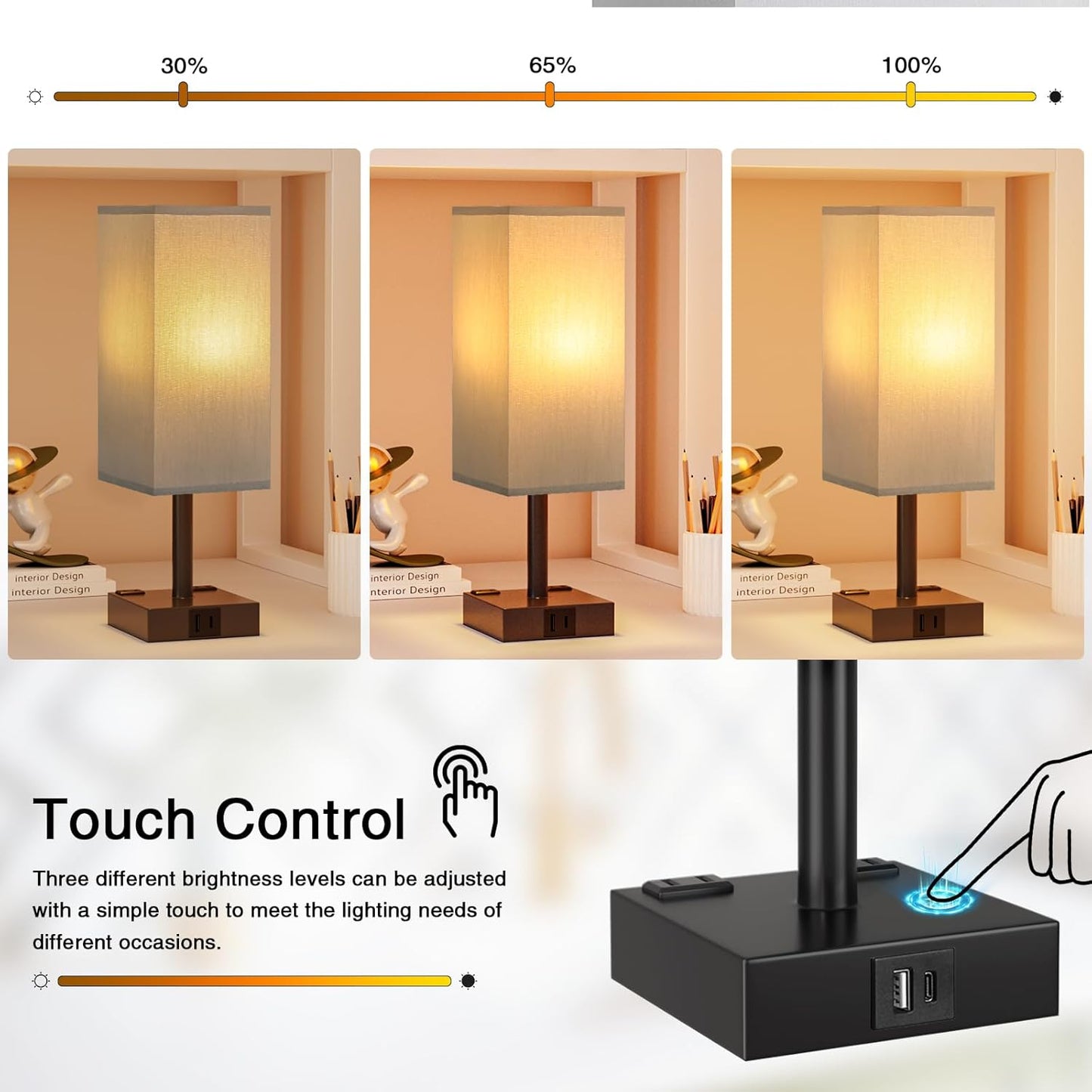 Touch Bedside Table Lamp For Nightstand - 3-Way Dimmable Night Lamp with USB A + Type C Charging Ports and two AC Outlets, Small Desk Light with E26 LED Bulb for Bedroom Living Room Office, Grey Black