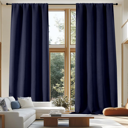 Simplebrand Ava Navy Blue Blackout Extra Long 10ft Curtains for Patio 120 Inches Long 2 Panels Set, Solid Thermal Insulated Energy Saving Rod Pocket Window Treatment Curtains Blackout Drapes, 50Wx120L