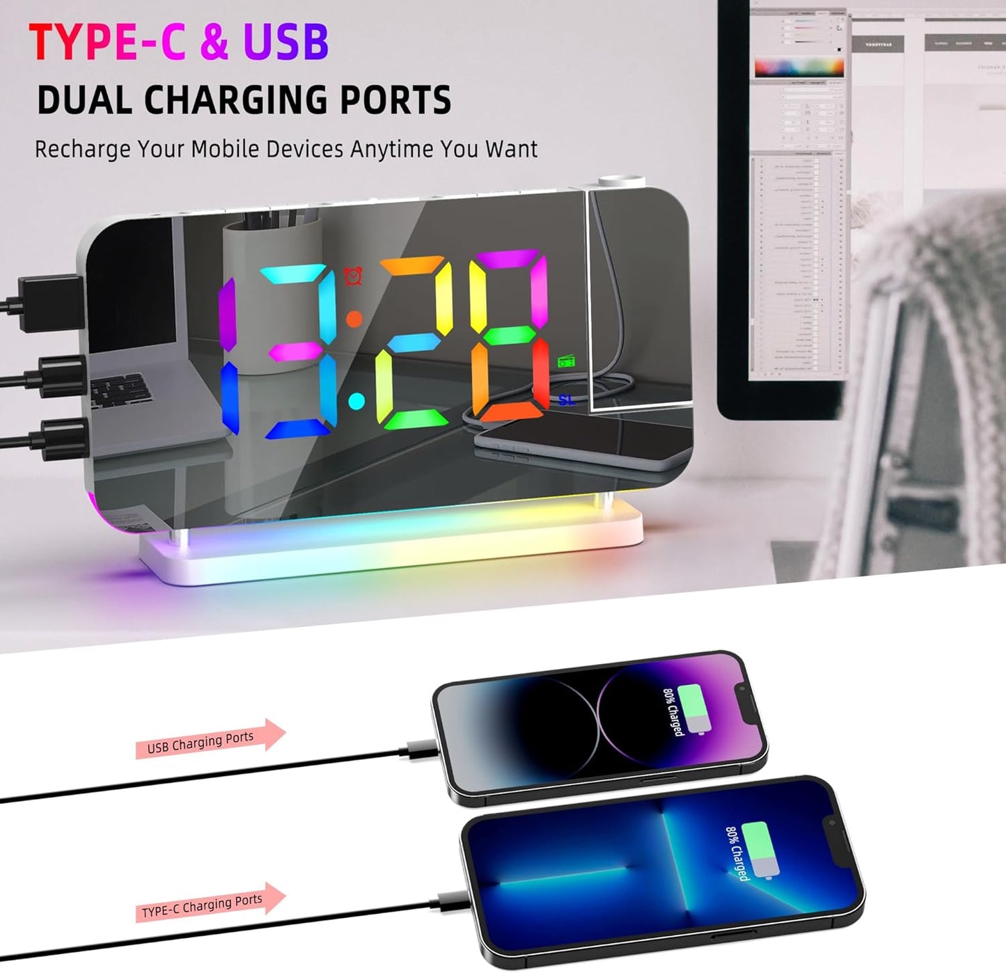 Projection Alarm Clock for Bedroom Ceiling,RGB Digital Clocks with 10 Colors RGB Night Light,Loud Alarm Clock for Heavy Sleepers,USB C Charger Port,Snooze,12/24H,Auto Dimming