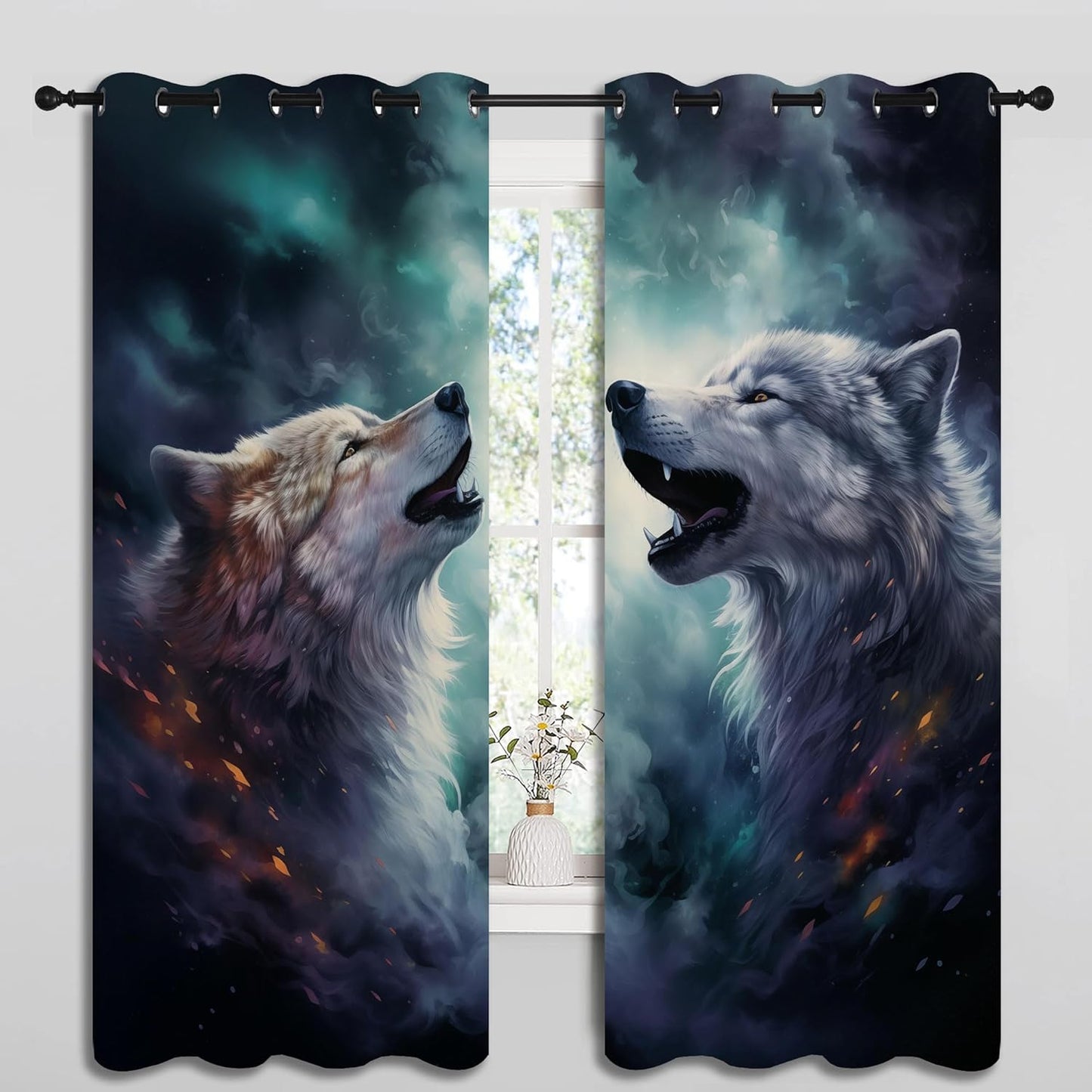 Forest Wildlife Blackout Curtains for Boys Girl Bedroom Decor,Blue Fantasy Starry Sky Howling Wolf Thermal Insulated Grommet Drapes Darkening Window Curtain for Living Room Home 55x63 inch