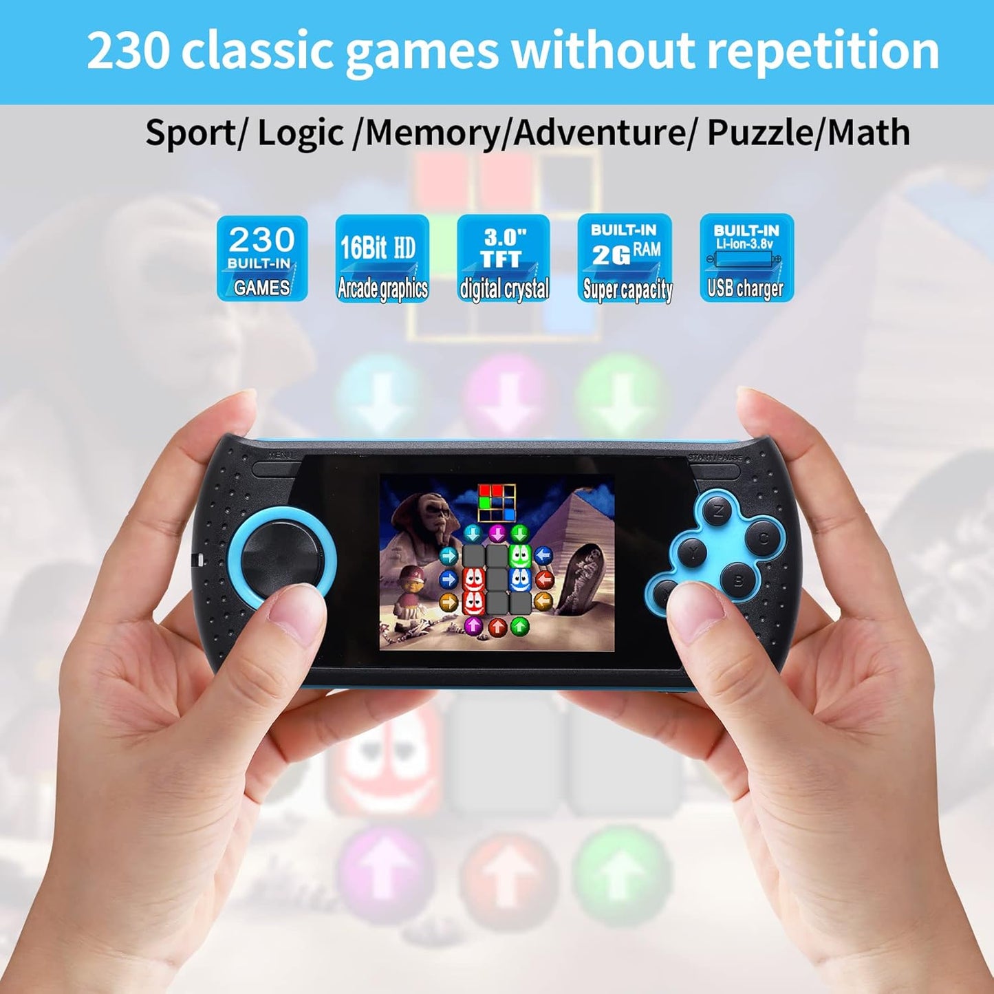 16 Bit Handheld Game for Kids Built-in 230 HD Classic Retro Video Games USB Rechargeable 3.0 Inch Childrens Travel Electronics Toys Portable Gaming Player System Gift for Boys Girls Ages 4-8-12