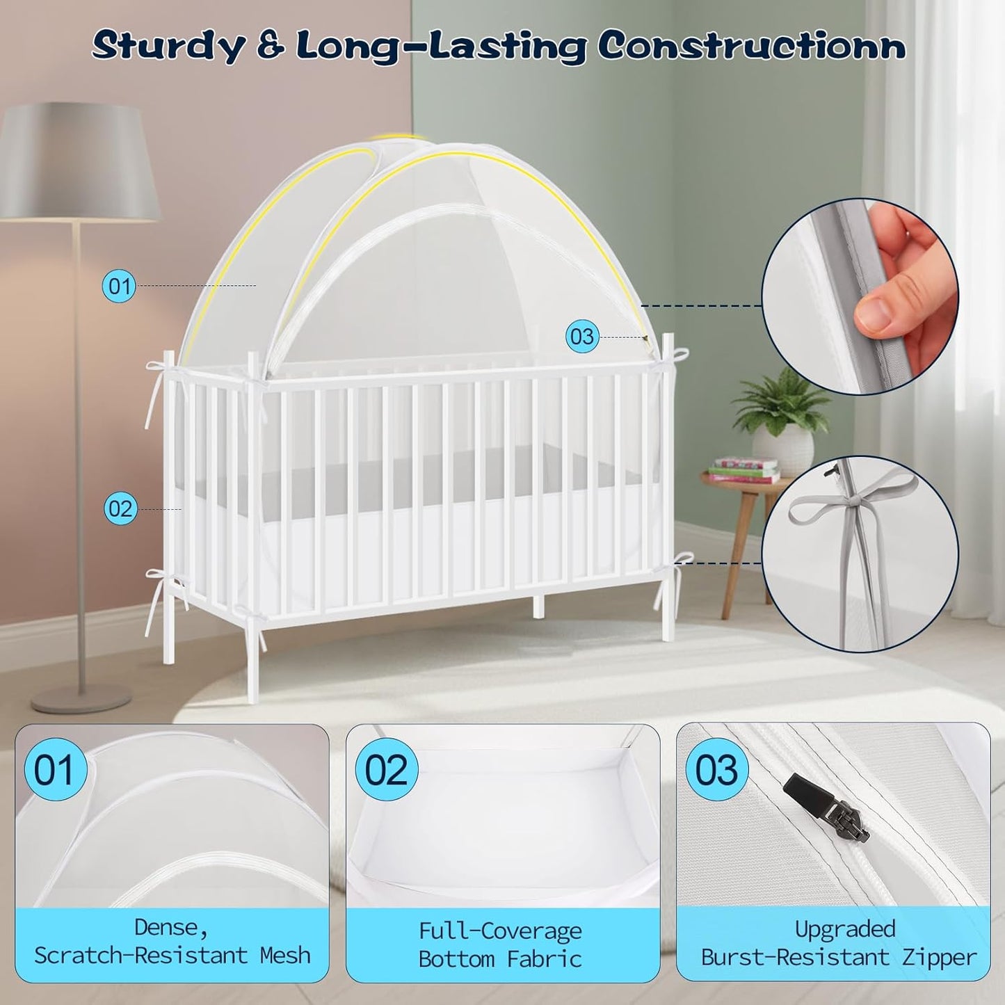 Akiky Large Pop Up Mosquito Net Crib Tent to Keep Baby from Climbing Out Baby Girl Netting Cover Canopy for Naps at Home&Traveling(White)