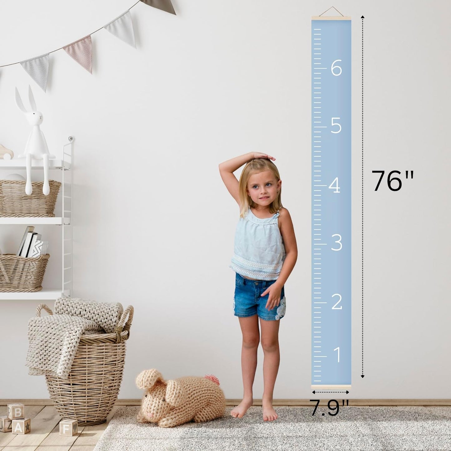 Morxy Canvas Growth Chart for Kids - Unisex Kids Room Wall Decor - Measuring Height Chart- Wall Tape with Height Chart for Kids (Canvas, Plain Blue)