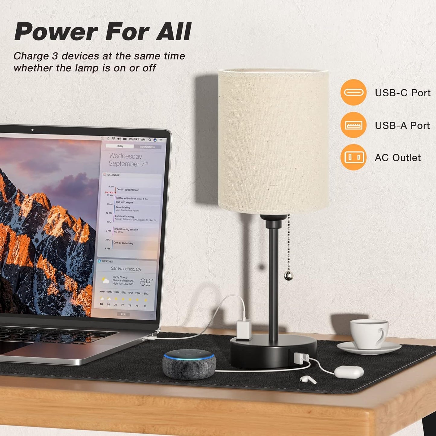 Beige Small Lamps 3 Levels Brightness - 2700K 3500K 5000K Bedside Lamps with USB C and A Ports, Pull Chain Table Lamps with AC Outlet, Nightstand Lamps with Black Metal Base for Bedroom Kids Reading