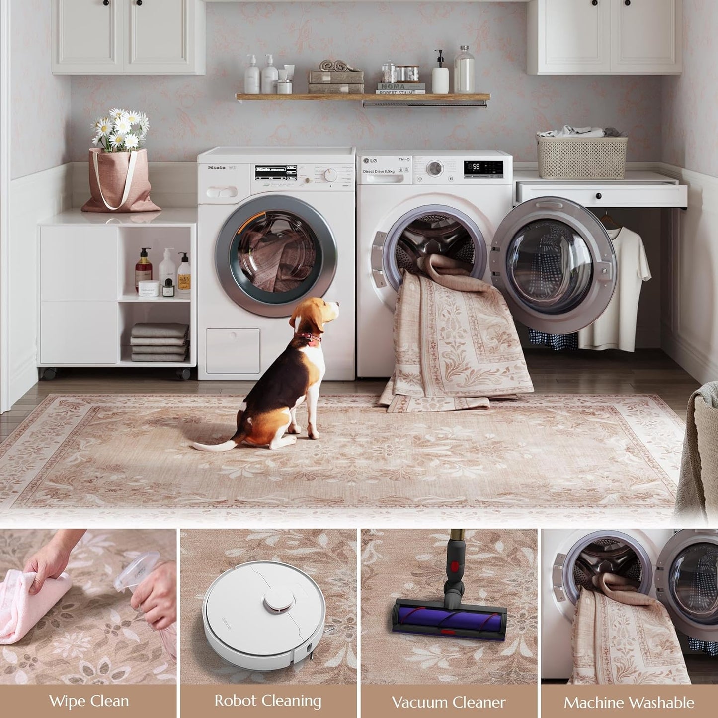 jinchan Vintage Floral 4x6 Area Rugs - Machine Washable Distressed Design Soft Ultra-Thin Low-Pile Non-Slip Carpet for Entryway Kitchen Bedroom Nursery Living Room Dining Room (4x6ft,Coral Pink)