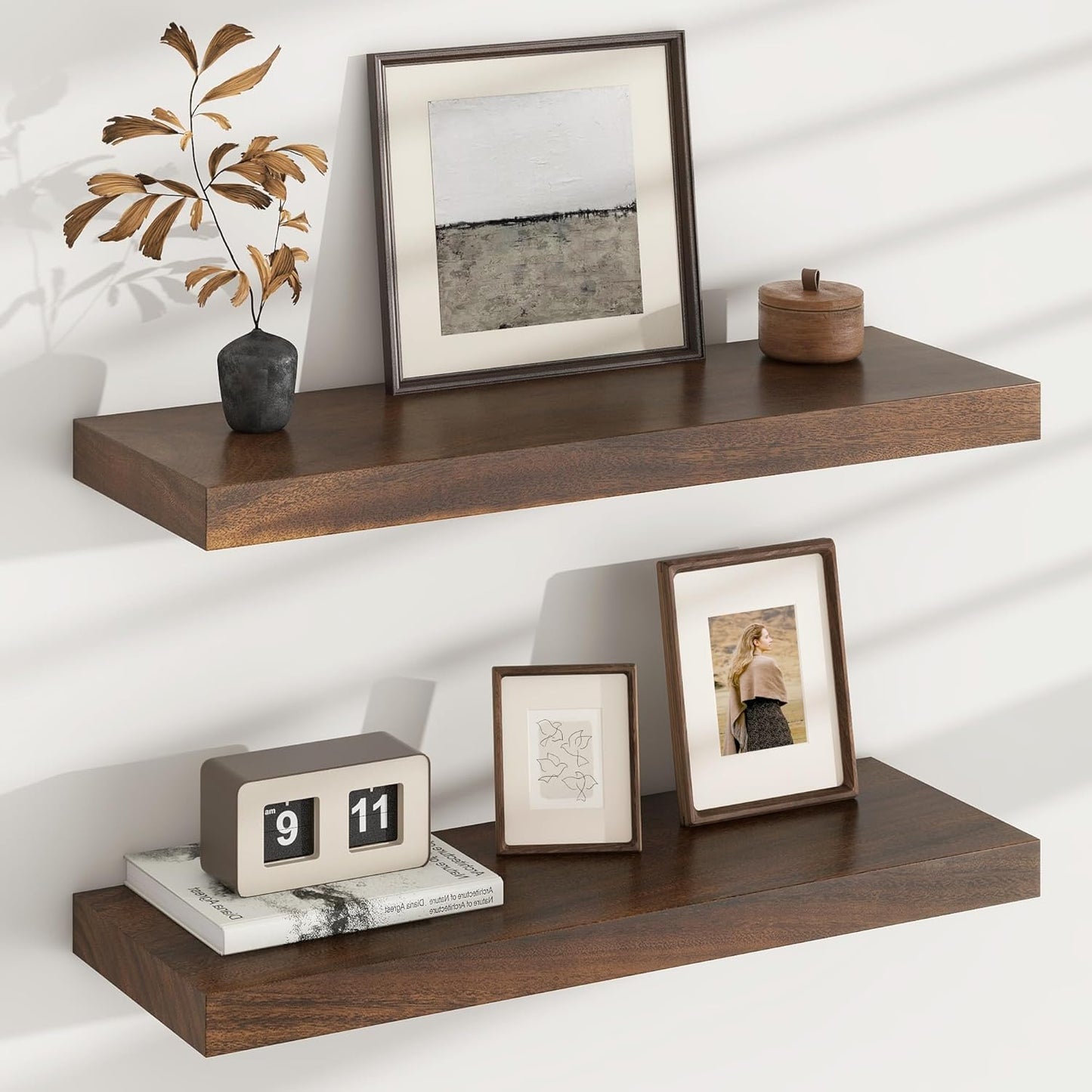 Floating Shelves for Wall, USA-Sourced Walnut Wood 24 Inch Wall Shelves Set of 2, Natural Wooden Wall Mounted Picture Ledge Shelf, Nursery Book Storage Shelf Kids Bookshelf, Display Shelf for Bathroom