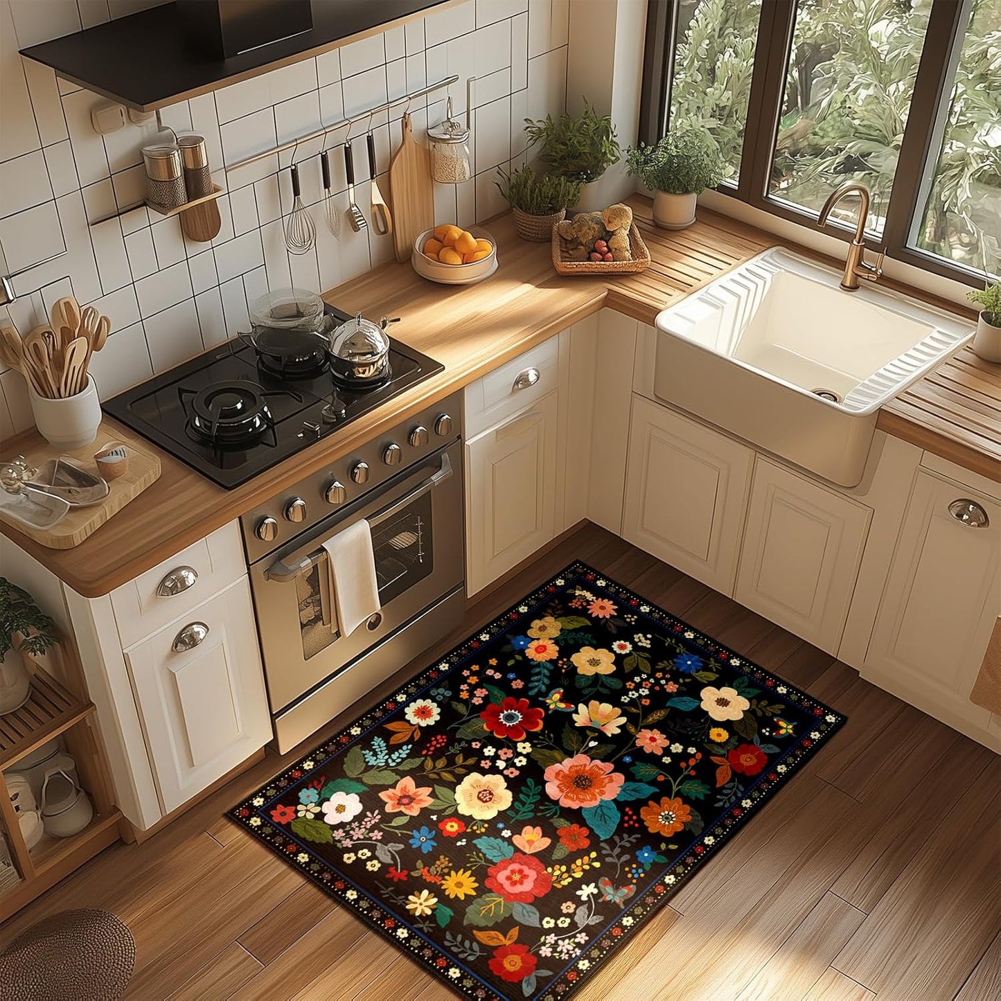 Floral 2x3 Area Rug Machine Washable Soft Print Boho Carpet Non Slip Doormat Low Pile Flower Area Rugs for Living Room Bedroom Nursery Kitchen Dining Room Indoor-Black