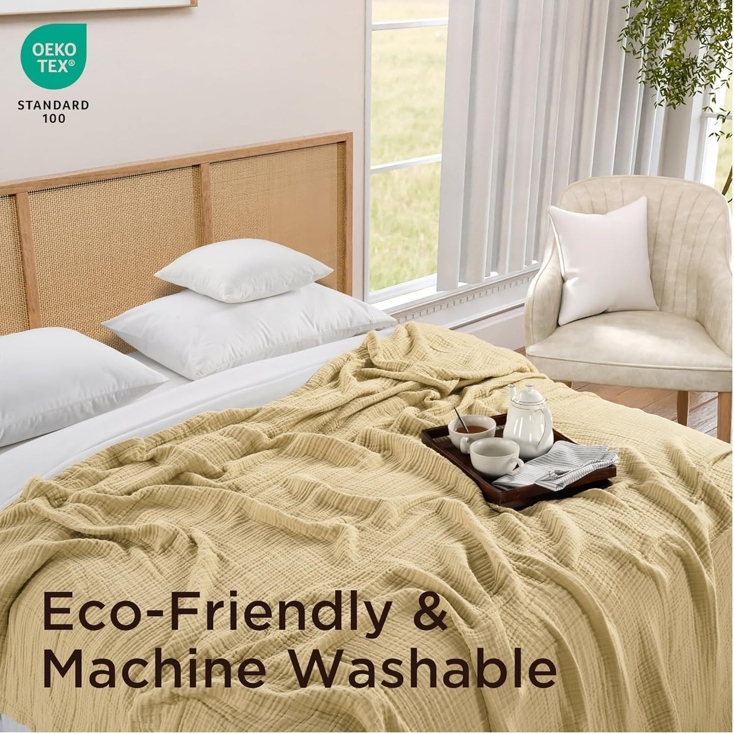 Threadmill Summer Muslin Blankets Queen Size | 100% Cotton 4 Layer Gauze Blanket | Soft, Breathable and Cozy Blanket | Cozy, Lightweight Blankets for Bed Seasons | Beige