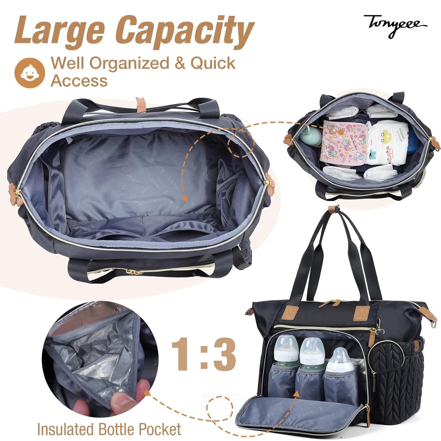 Diaper Bag Tote, Large Diaper Bags Waterproof, Hospital Bag for Labor Delivery, Baby Bag with Pacifier Case, Travel Diaper Tote with Changing Pad, Black