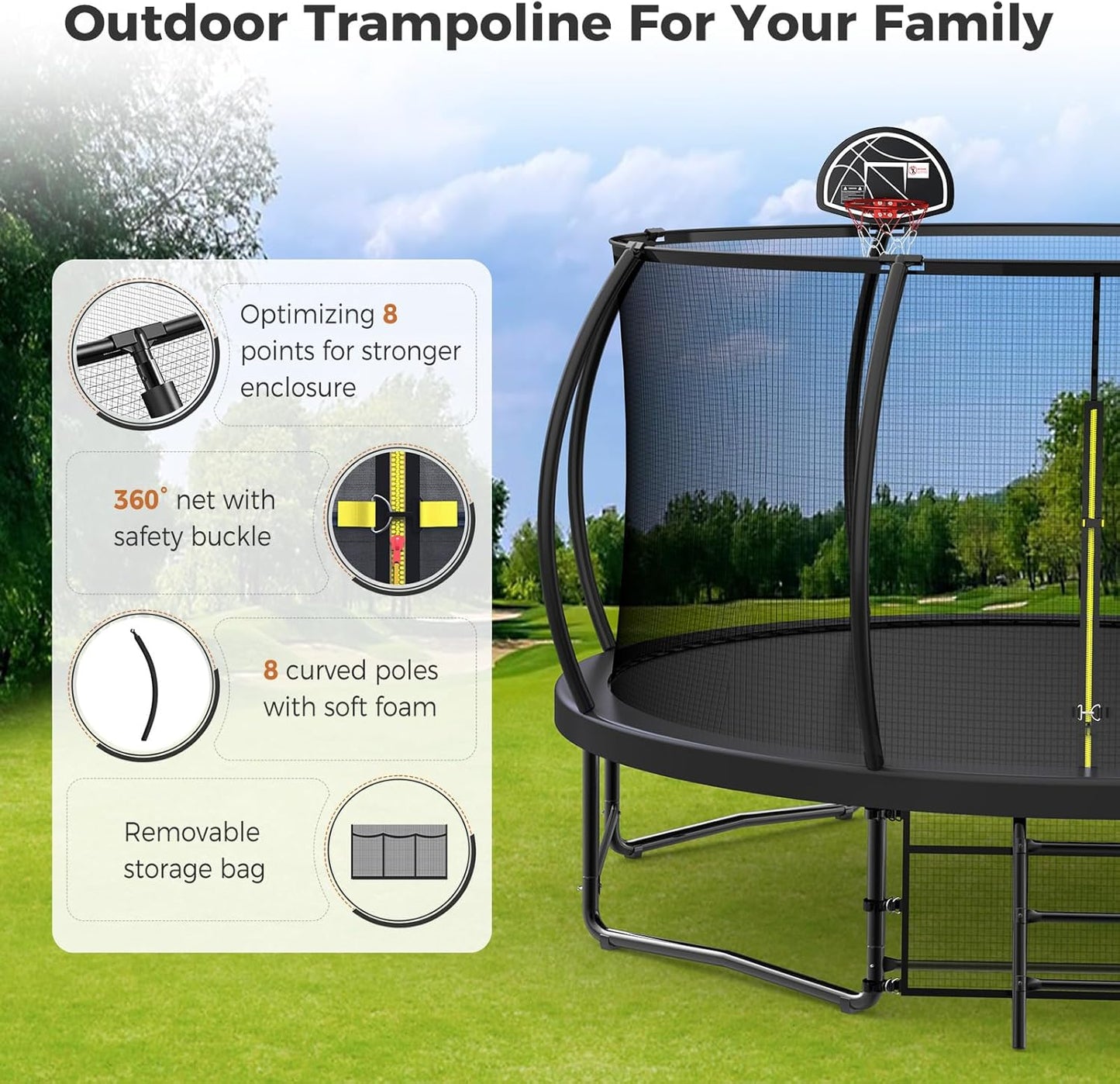 Tatub Large Trampolines Outdoor 10 12 14 15 16FT for Kids and Adults,Outdoor Recreational Pumpkin Trampolines with Curved Poles and Safety Enclosure Net, Basketball Hoop, Ladder