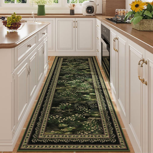 Runner Rug Impressionist-Style Vintage Kitchen Rugs Non Slip Washable Soft Carpet Runner for Kitchen Laundry Bedroom Bathroom, Green