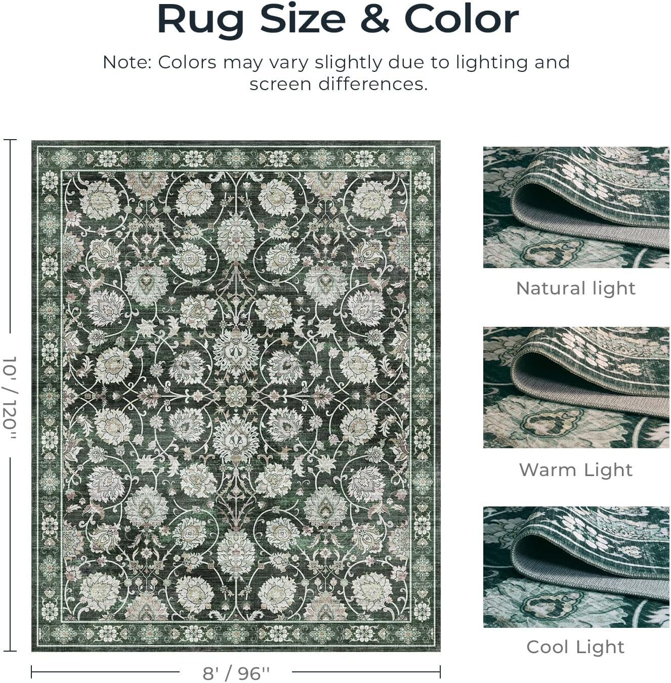 Floral 8x10 Area Rugs for Living Room, Washable Large Bedroom Rug, Soft Non Slip Carpet, Stain Resistant Low Pile Carpets for Indoor Under Table Dining Home Office Nursery, Dark Green