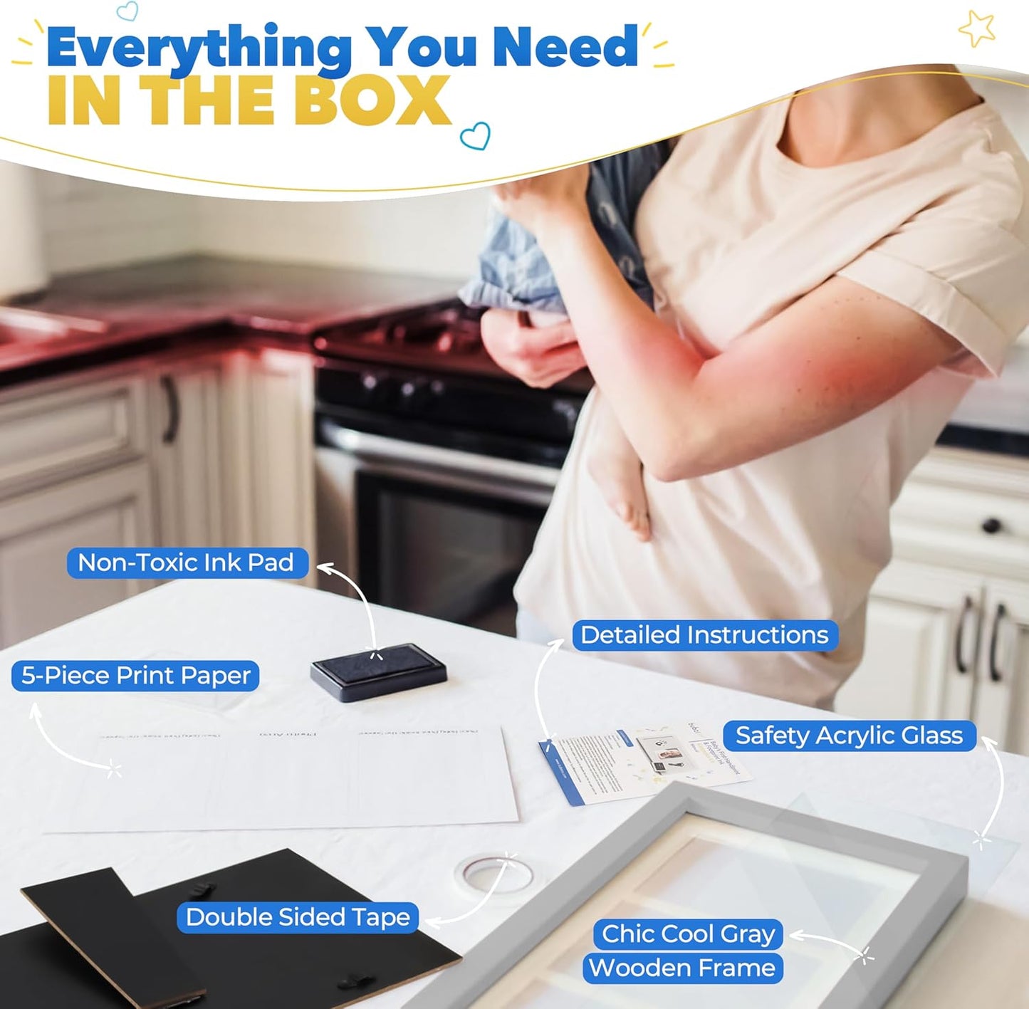 Bubzi Co Baby Handprint Kit & Footprint Photo Frame for Newborn Girls and Boys, Unique Baby Shower Gifts Set for Registry, Memorable Keepsake Decorations for Room Wall or Nursery Decor (Cool Gray)