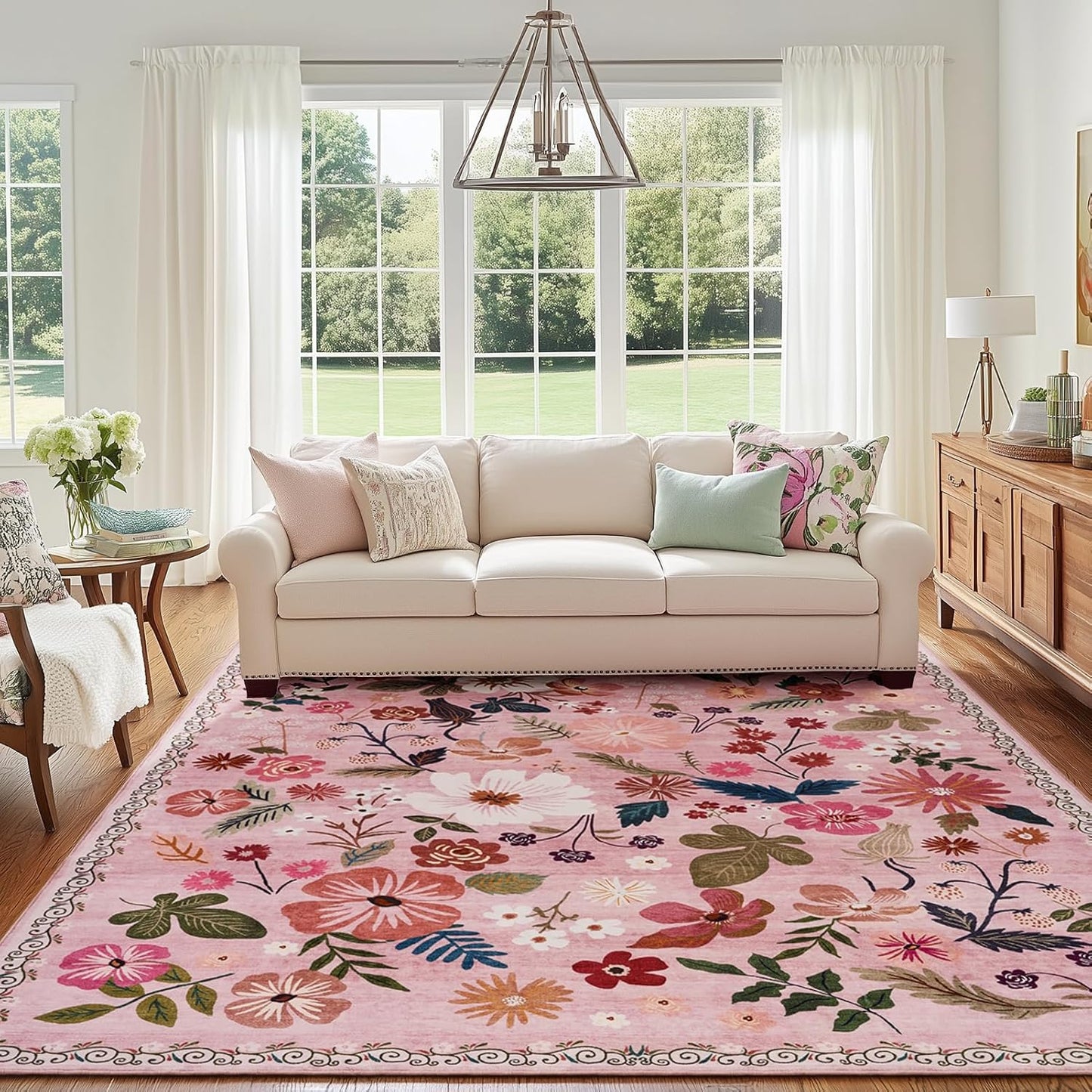 Living Room Rug 6x9 Washable Boho Floral Non Slip Large Aesthetic Pink Area Rugs Vintage Soft Low Pile Stain Resistant Sound Absorbing Big Carpet Rug for Bedroom Dining Room Kids Nursery Girls Dorm