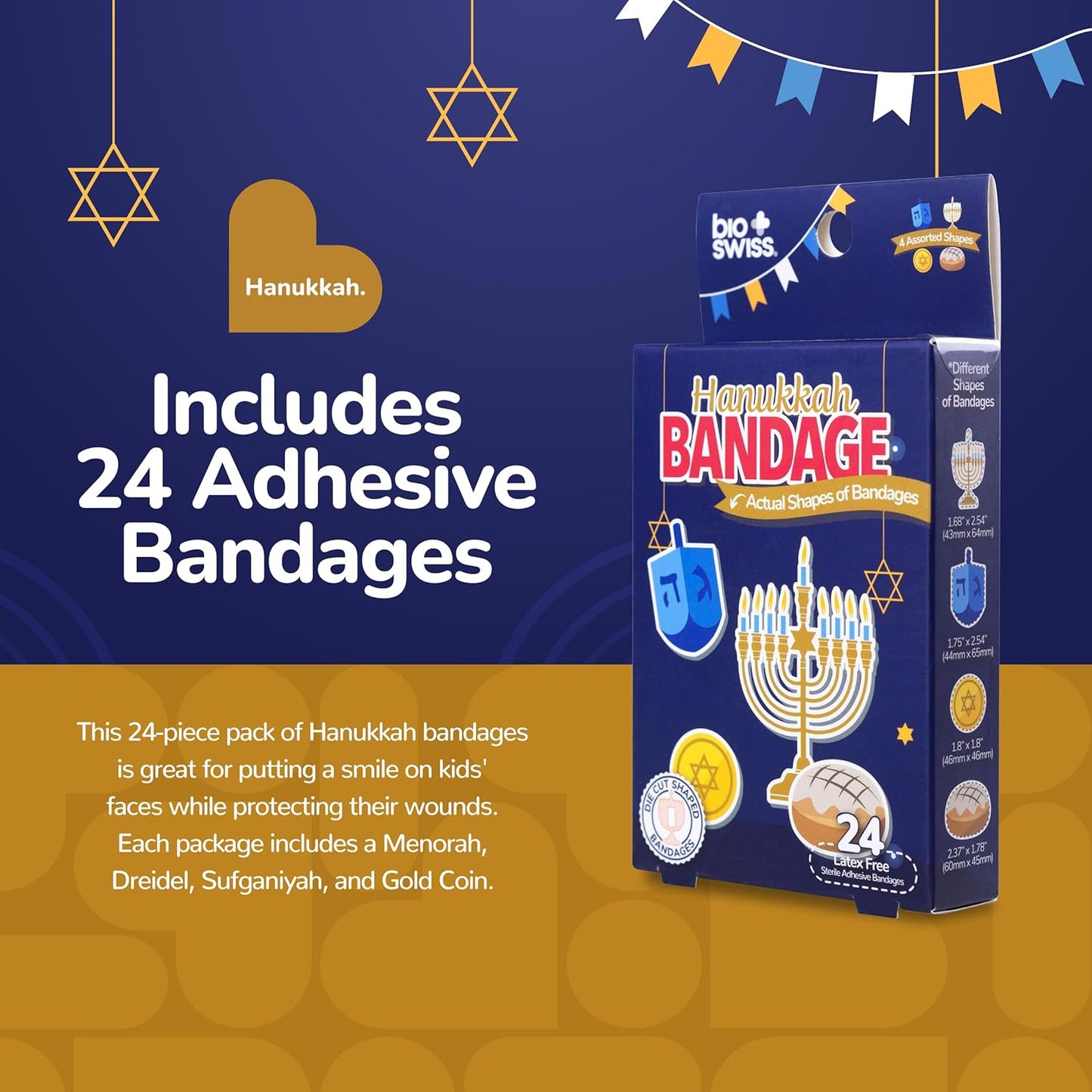 BioSwiss Bandages, Hanukkah Shaped Self Adhesive Bandage, Latex Free Wound Care, Fun First Aid Kit Supplies for Kids and Adults, 24 Count