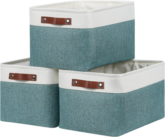 DULLEMELO Storage Baskets for Organizing,Rectangular Fabric Storage Bins with Handles for Office,Bedroom(3-Pack -15 inch X 11 inch X 9.5 inch, White&Dark Green)