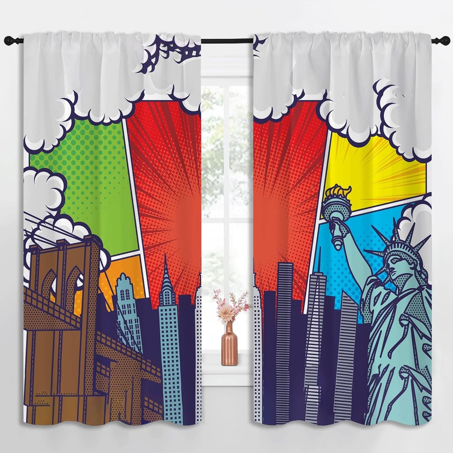 City Rod Pocket Blackout Curtains for Boy Girl Bedroom, Pop Art Style New York Cityscape Home Energy Efficient Light Filtering Window Curtain for Living Room, 63x63 inch