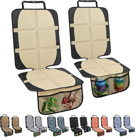Car Seat Protector for Child Car Seat, 2 Pack Baby Car Seat Covers with Mesh Pockets & Non-Slip Backing 600D Durable Seat Protector Under Baby Car Seat for Car Back Seat (Beige, Large)