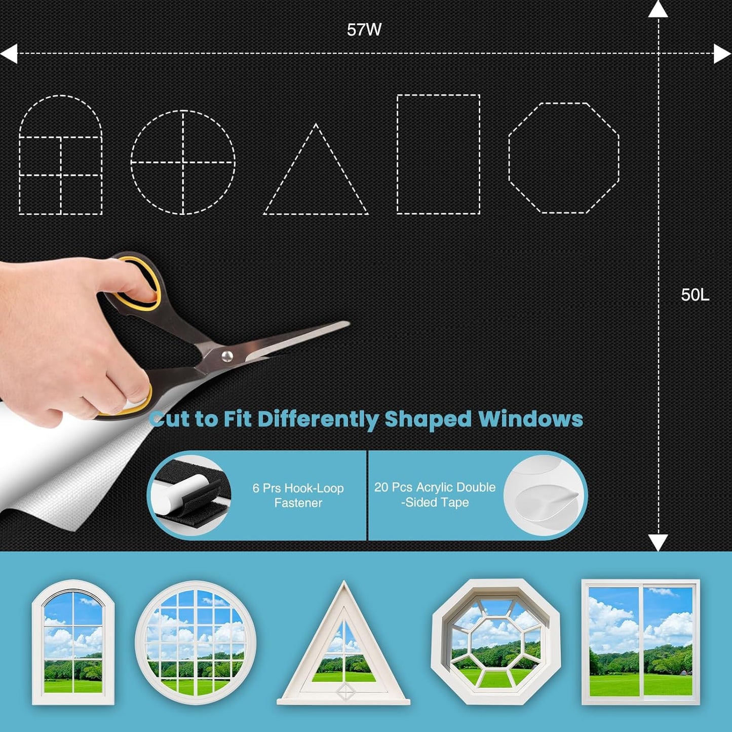 Portable Temporary Blackout Curtains, 50" x 57", 100% Blackout Window Shades, No Drill Cuttable Blackout Windows Blinds with Hook & Loop Stickers, Windows Cover for Baby Nursery Thermal Insulated