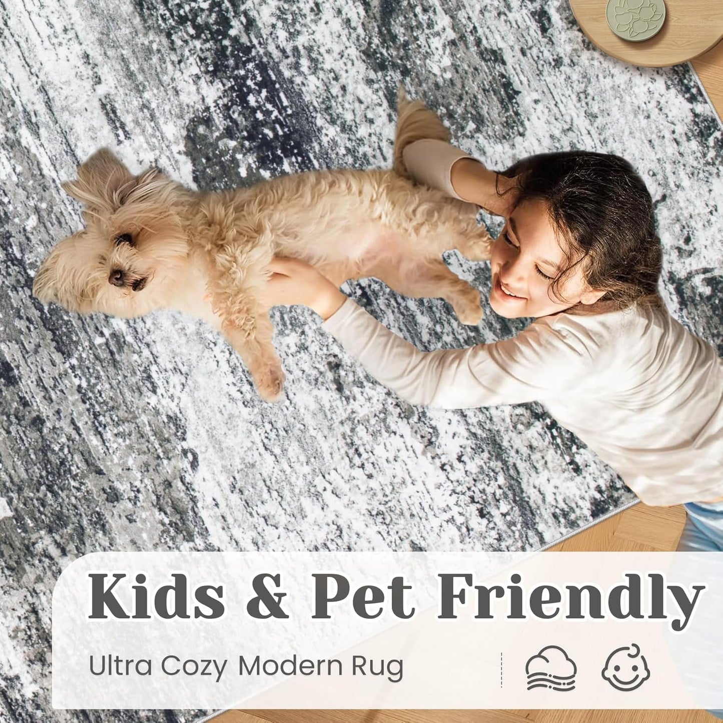 Washable Rug 9x12 Area Rugs for Living Room: Large Neutral Soft Rug Abstract Non Slip Low Pile Modern Carpet for Bedroom Kitchen Nursery Office Dining Room Indoor (Black, 9'x12')