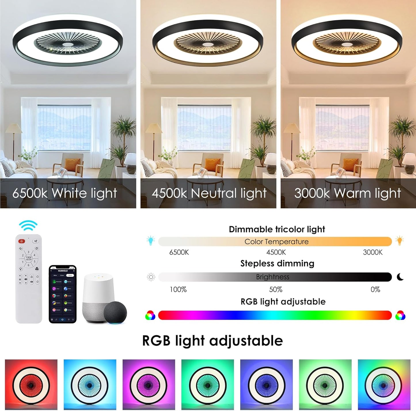 24" Bladeless Ceiling Fan with RGB Light Remote, Smart LED Ceiling Fans with Voice/App Control, Modern Low Profile Dimmable Light Ceiling Fan for Bedroom Living Room