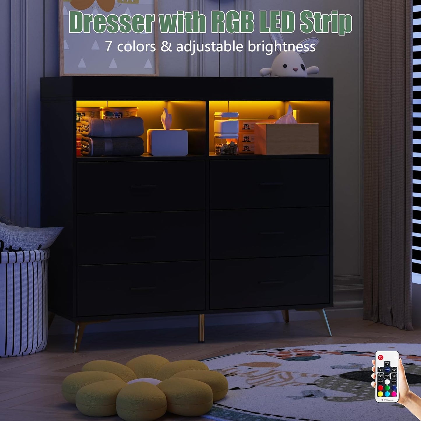 GarveeHome Dresser for Bedroom with 6 Drawers, Baby Changing Table Dresser with Changing Pad, LED Lights & Charging Station, Baby Changing Station with Changing Table Top, Black