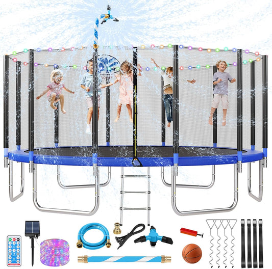 Upgraded 10/12/14/15/16FT Trampoline Outdoor, Large Kids Trampoline with Light, Stakes, Sprinkler, Backyard Trampoline with Basketball Hoop and Net, Capacity for 4-6 Kids and Adults