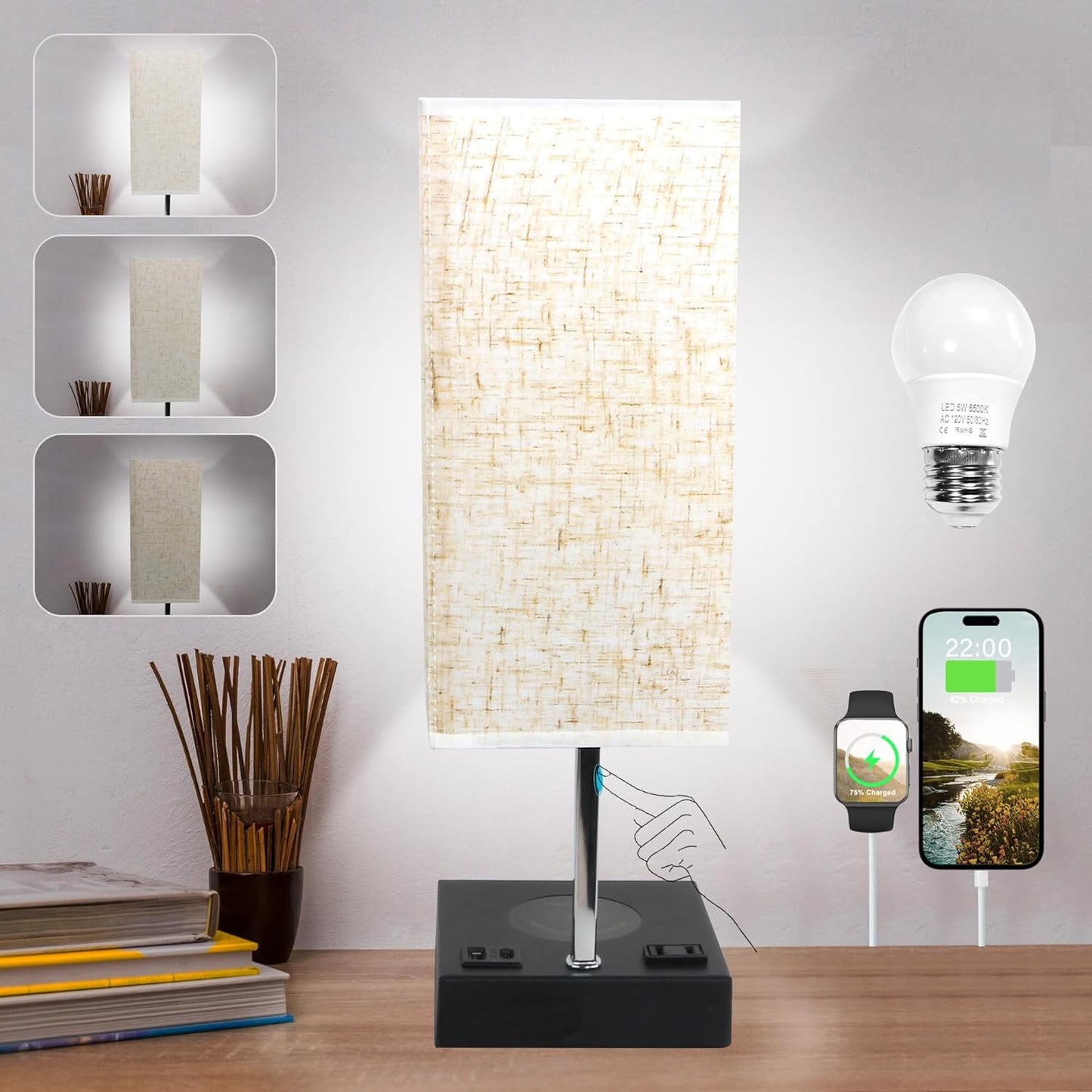 Wireless Charging Touch Control Table Lamp, Bedside Nightstand Lamp with USB Charging Port & AC Outlet, 3 Brightness Levels Adjustable, Suitable for Bedroom, Living Room, Office, LED Bulb Included