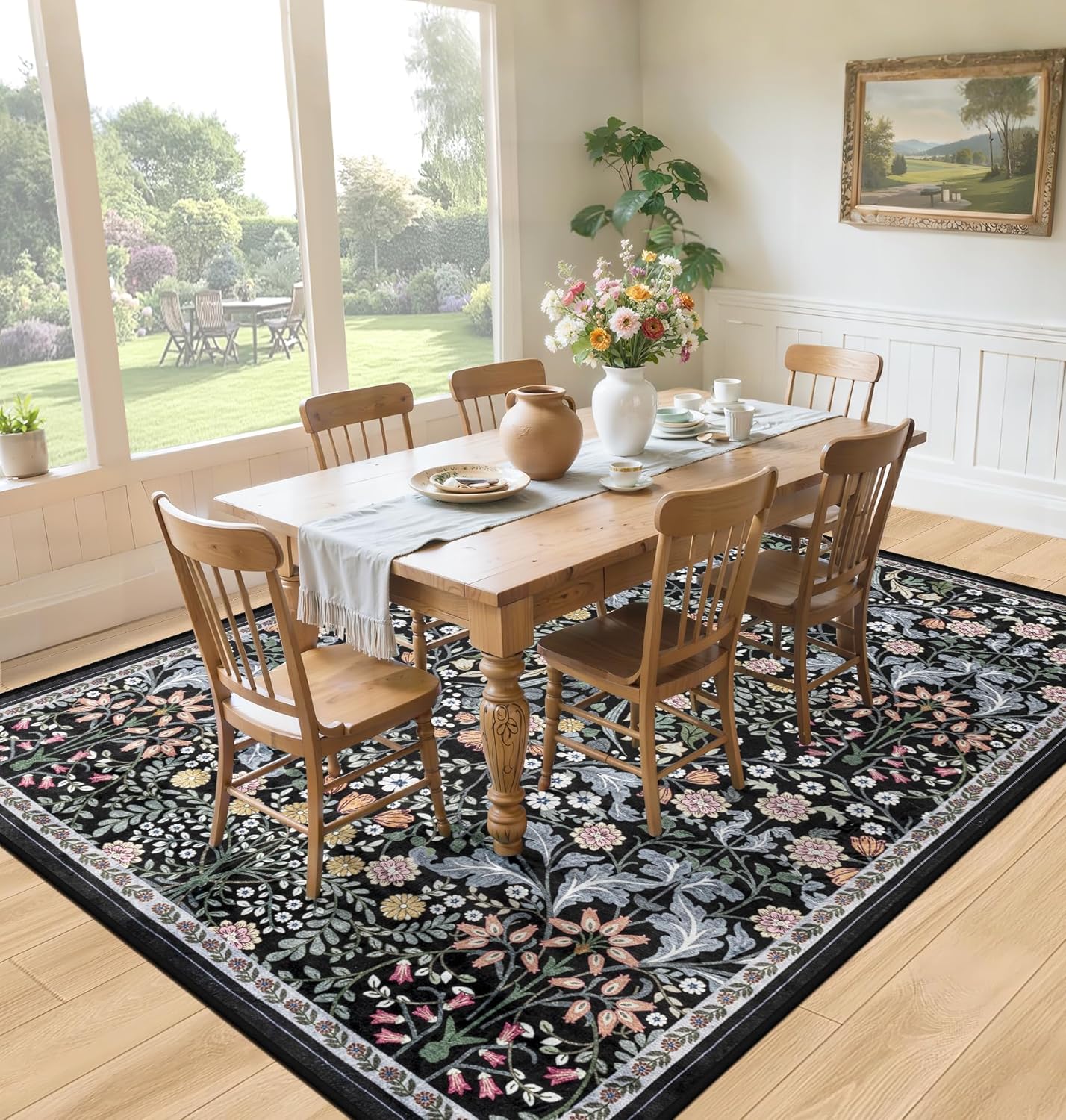 Area Rugs 9x12 Living Room: Floral Washable Rug Vintage Large Soft Boho Non-Slip Carpet Indoor Stain Resistant Low Pile Carpets for Bedroom Dining Room Farmhouse Nursery Hallway Home Office Dark Black