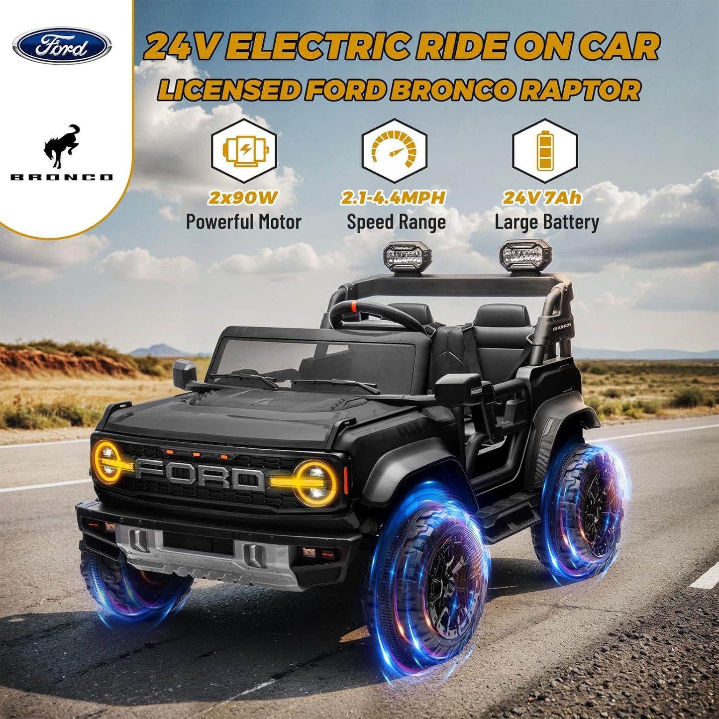 ENYOPRO 24V Licensed Ford Bronco Raptor Electric Car for Kids, 2 Seater Battery Operated Ride On Truck Toys with Remote Control, 4-Wheel Suspension, Bluetooth, Radio, LED Lights, 3 Speed - Black