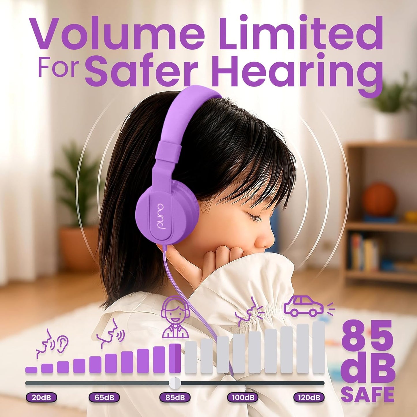 Puro Sound Labs PuroBasic Wired Headphones for Kids - Volume-Limiting & Adjustable with Microphone – Compatible with Smartphones, Tablets, PCs, and More – Safe, Durable Headphones for Kids – Purple