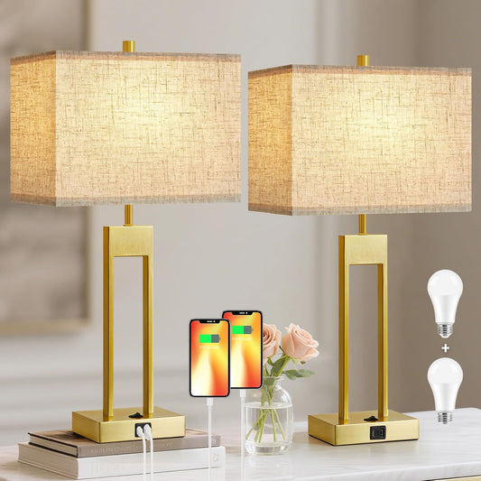 25.5" Nightstand Table Lamps for Bedrooms Set of 2, Bedside Lamp with USB C+A, 3 Colors Changeable Living Room Lamp, Modern Night Stand Lamps for Bed Side Guest Room Reading, Gold
